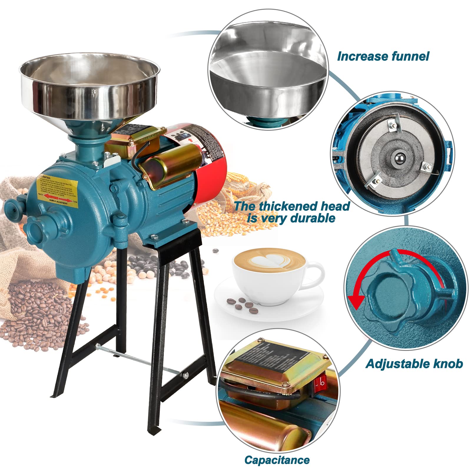 MOPHOTO 3000W Electric Grain Grinder Mill for Corn, Rice, Wheat & Dry Cereals - Powder Machine with Funnel, 110V - Perfect for Home Baking, Coffee Grinding & Healthy Meal Prep