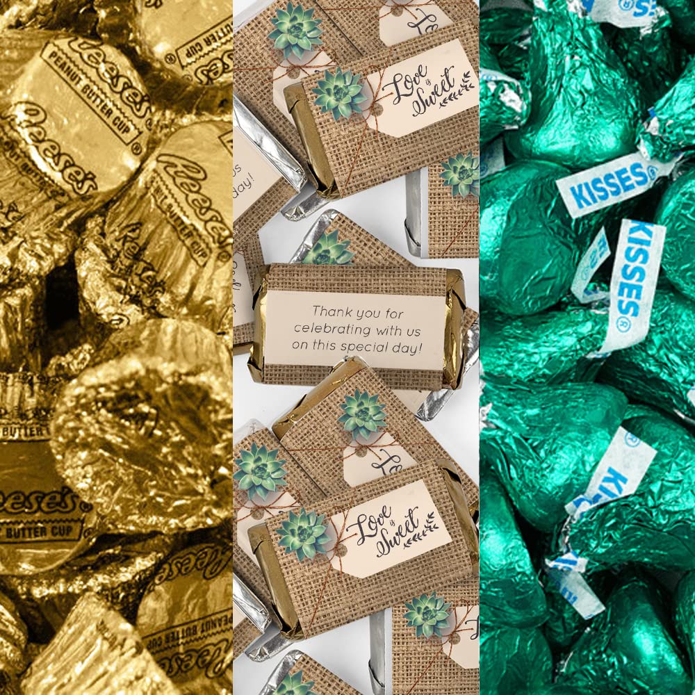 200pcs Personalized Wedding Candy Favor Kit - Custom Wrapped Chocolate Miniatures, Hershey's Kisses & Reese's Peanut Butter Cups - Elegant Wedding Party Favors & Candy Table Decorations for Guests (Perfect for Bridal Showers, Receptions and Anniversary Celebrations)