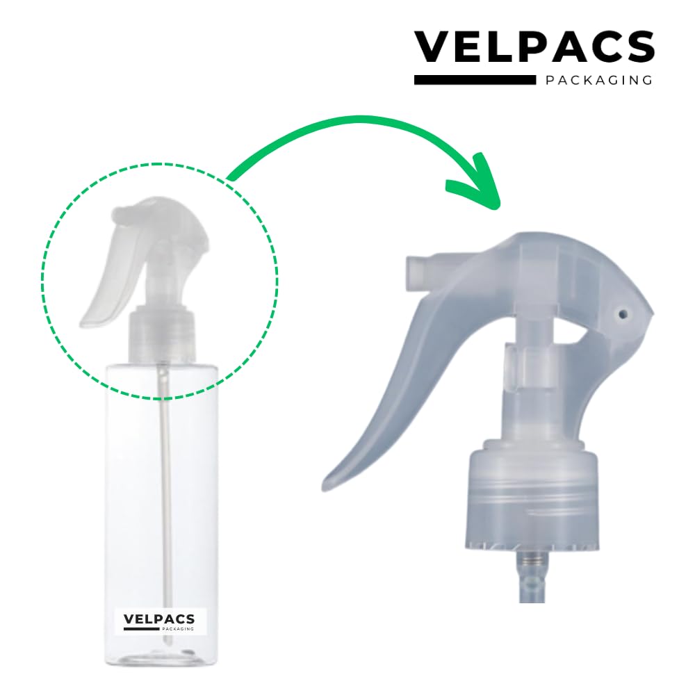 Velpacs 200ml Empty Plastic Spray Bottle with Trigger Sprayer - Pack of 2 | Refillable Hair Mist Bottle for Rosemary Oil, Perfume, Rosewater | Travel Size for DIY Beauty, Home Cleaning & Gardening Use