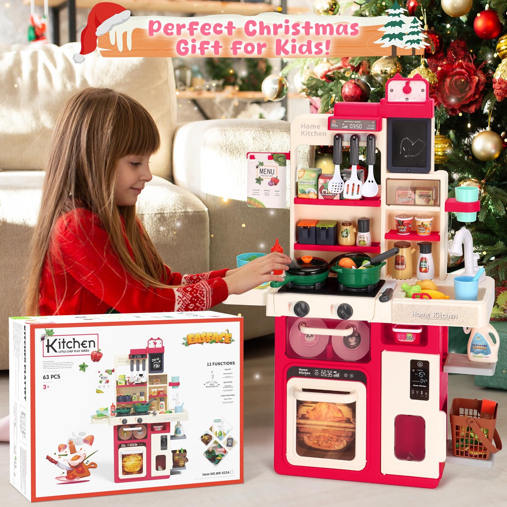 Easface Kids Play Kitchen Set with Sound & Light - Pretend Cooking Stove with Steam, Play Sink & Accessories - Educational Toy Kitchen for Toddlers 1-5 Years Old (Red) - Perfect for Pretend Play, Role Playing & Early Learning at Home or Preschool