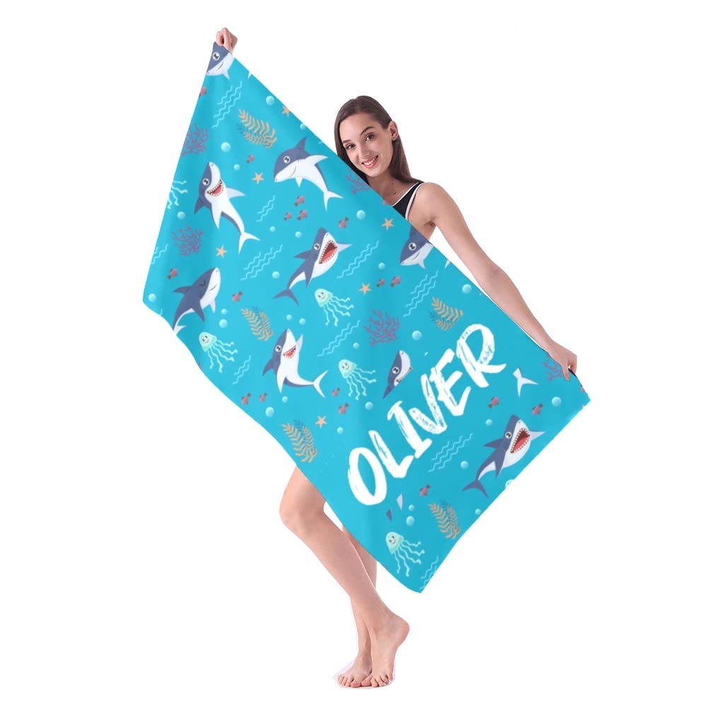 Custom Personalized Beach Towel with Name - Soft Shark Design for Women, Men, Kids & Adults | Summer Pool Party, Vacation Gift, Bath & Swim Accessories