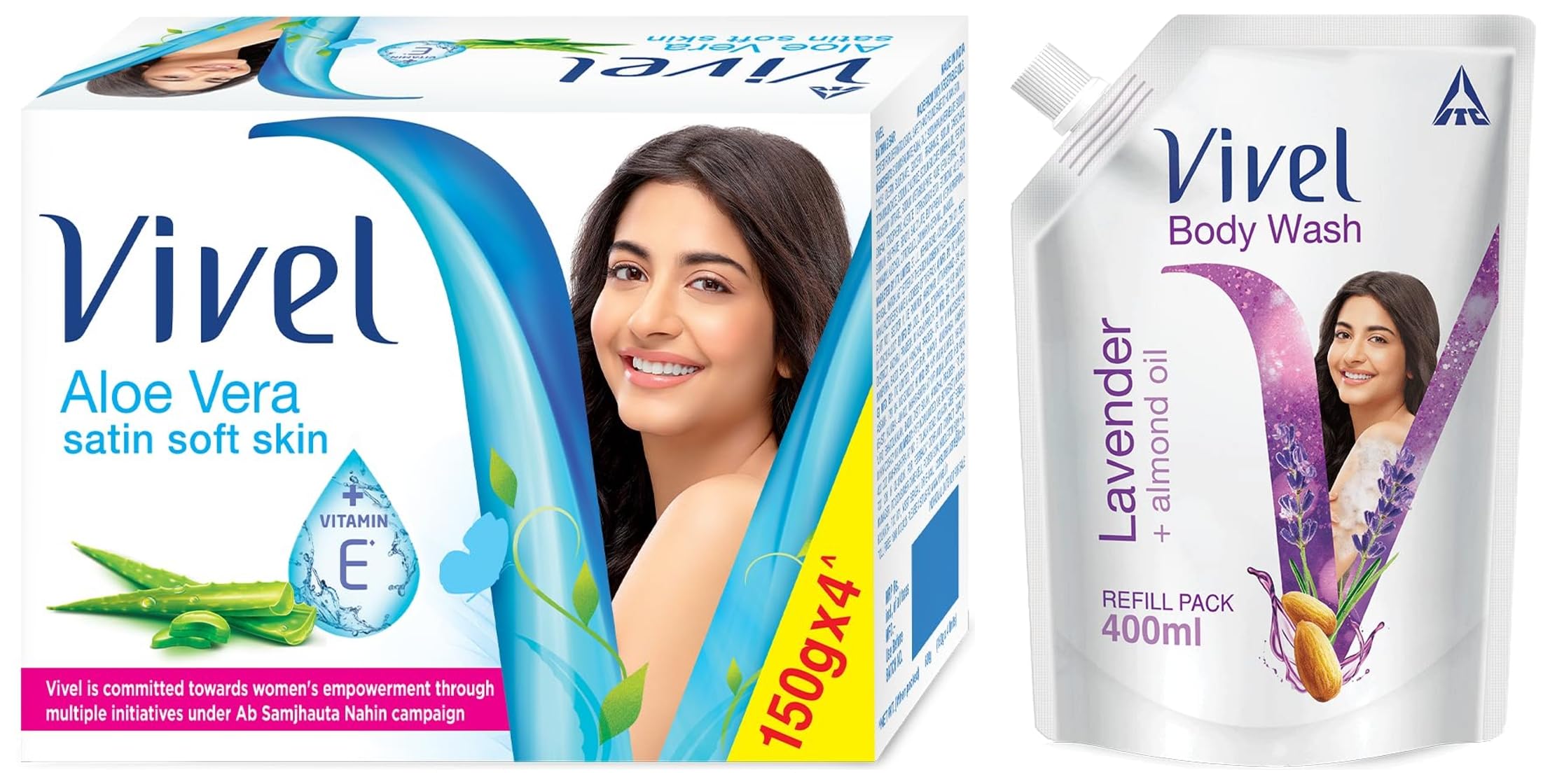 Vivel Aloe Vera & Vitamin E Bath Soap for Soft Glowing Skin - Refreshing Fragrance - 150g Combo Pack (4 Bars) | Lavender Almond Oil Body Wash Shower Gel - 400ml Liquid Refill Pouch - Moisturizing & Relaxing for Daily Shower & Spa Experience