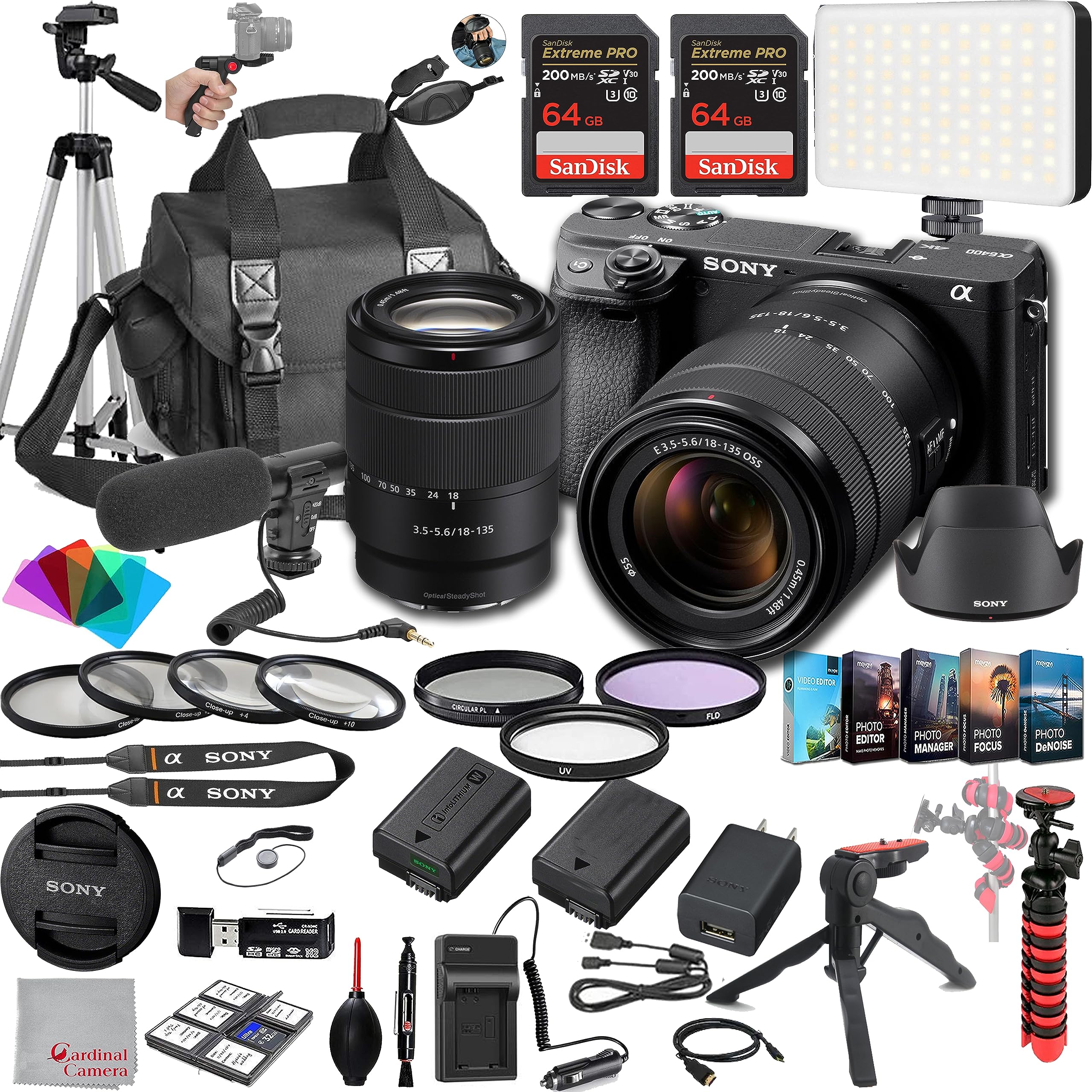 Sony a6400 Mirrorless Camera Bundle with 18-135mm Lens | 128GB Extreme Speed Memory Card | Professional Video Kit (Microphone, 120 LED Light, Tripod) | Complete Accessories (Filters, Hood, Grip, Battery & Charger) | Editing Software Included - Perfect for Vlogging, YouTube & Travel Photography