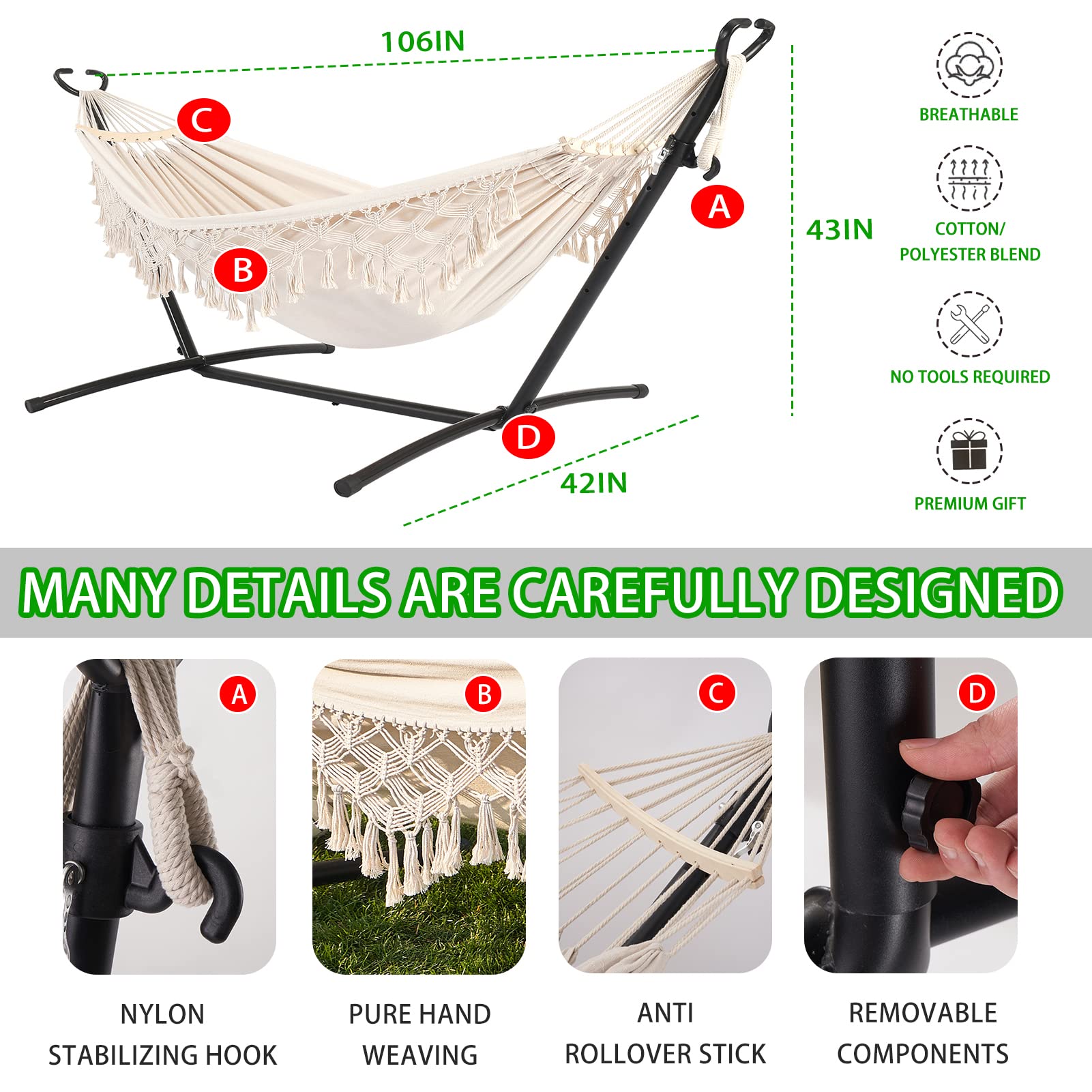 Premium Double Hammock with Stand - Heavy Duty Stainless Steel Frame, Upgraded Phone Holder & Carrying Case - Indoor/Outdoor Use for Patio, Yard, Beach & Camping (2022 Beige)