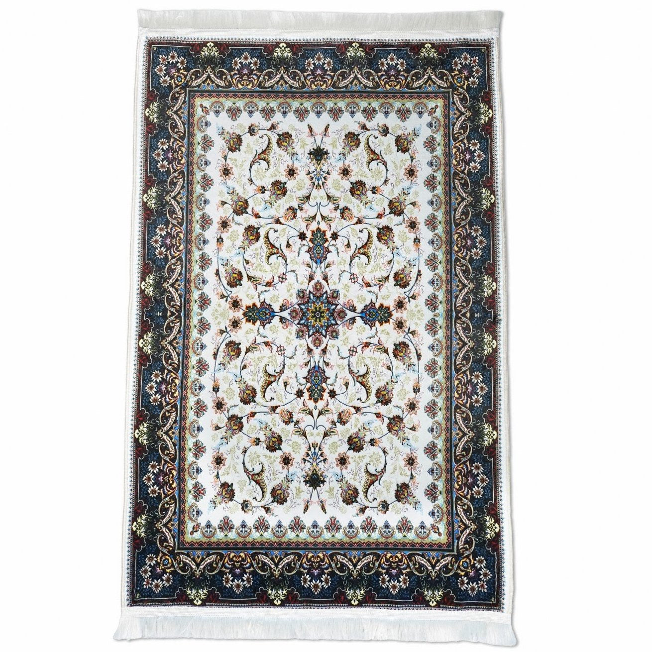 Premium Islamic Prayer Mat - White & Navy Floral Design Prayer Rug for Muslims - Perfect for Home, Mosque & Travel Use