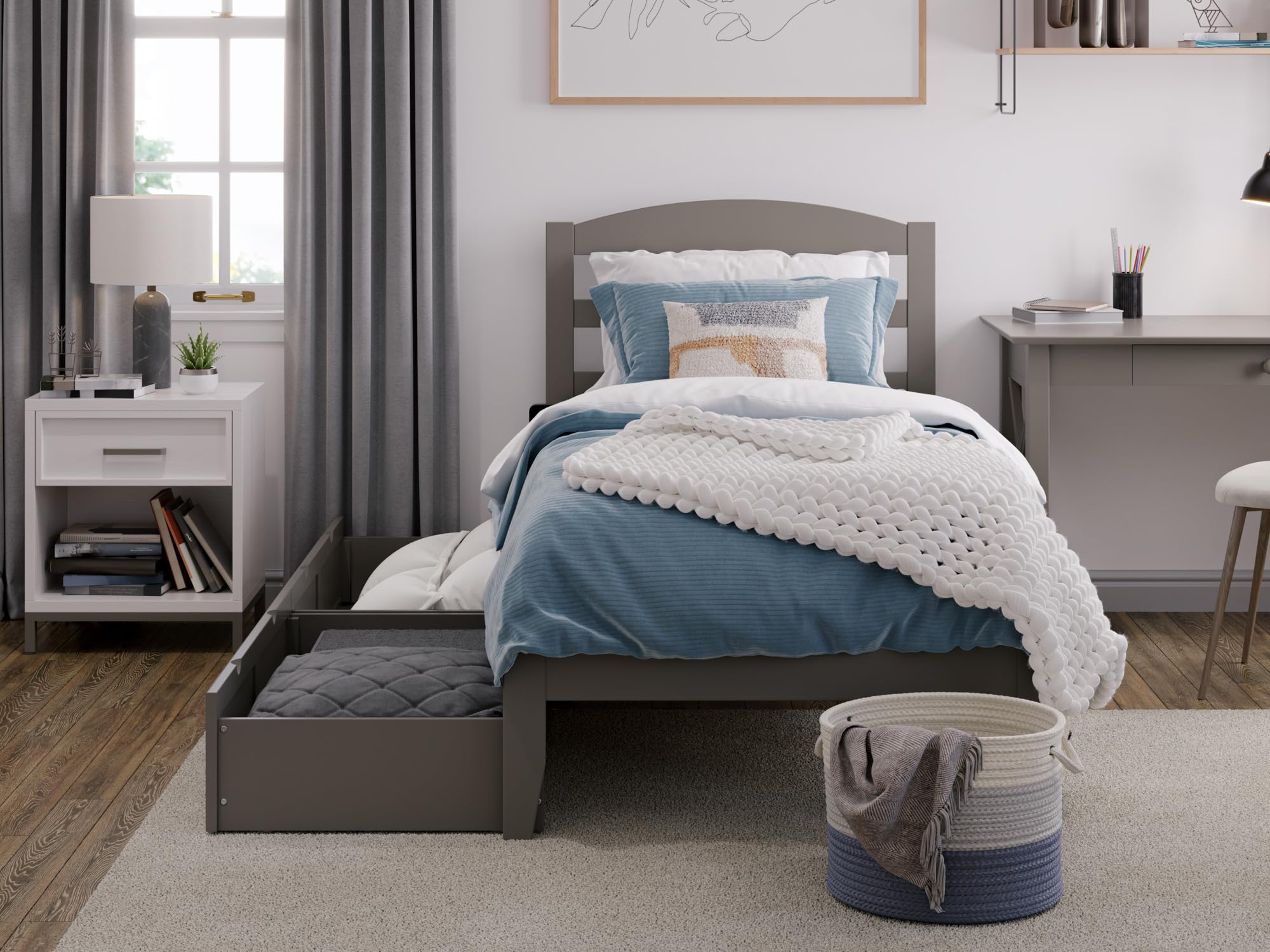 AFI Warren Twin XL Platform Bed Frame with 2 Storage Drawers & Built-in USB Charger - Space Saving Grey Bed for Small Rooms, Dorm & Guest Bedroom