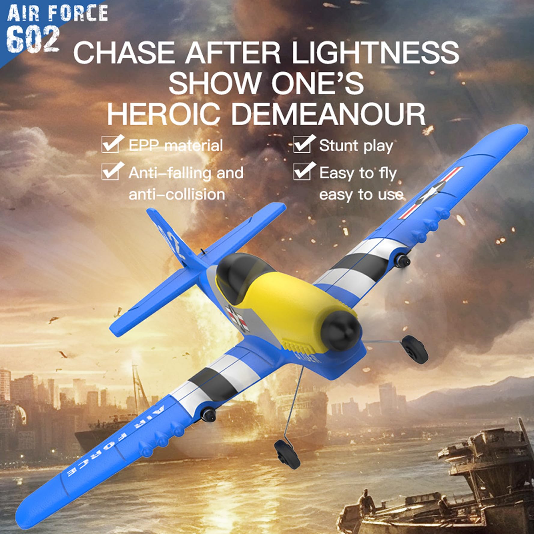 **3 Channel RC Plane P51D Mustang Fighter - 2 Batteries, Built-in Gyro Self-Stabilizing System, Easy to Fly Remote Control Airplane for Kids & Adults Beginners | Outdoor Hobby & Backyard Fun**