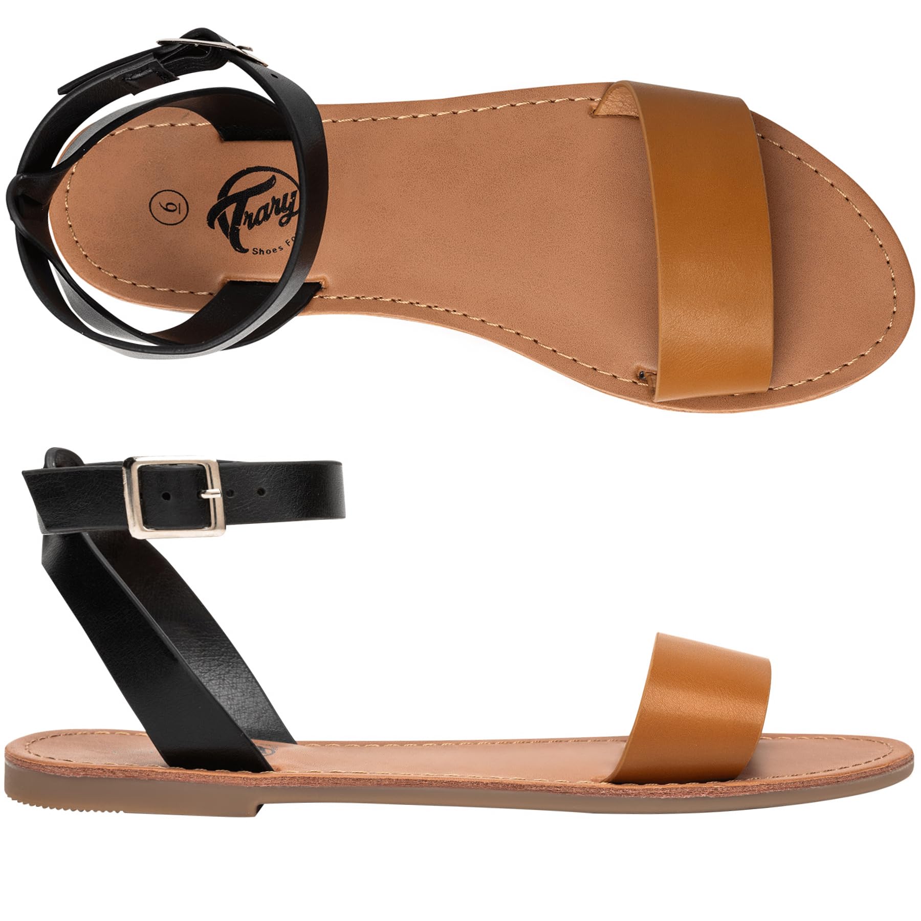 Stylish Women's Leather Flat Sandals with Ankle Strap | Two-Tone Gladiator Sandals for Summer | Adjustable Metal Buckle Dressy Sandals | Comfortable Open-Toe Wedding Sandals for Women – Perfect for Beach Weddings, Date Nights & Summer Vacations