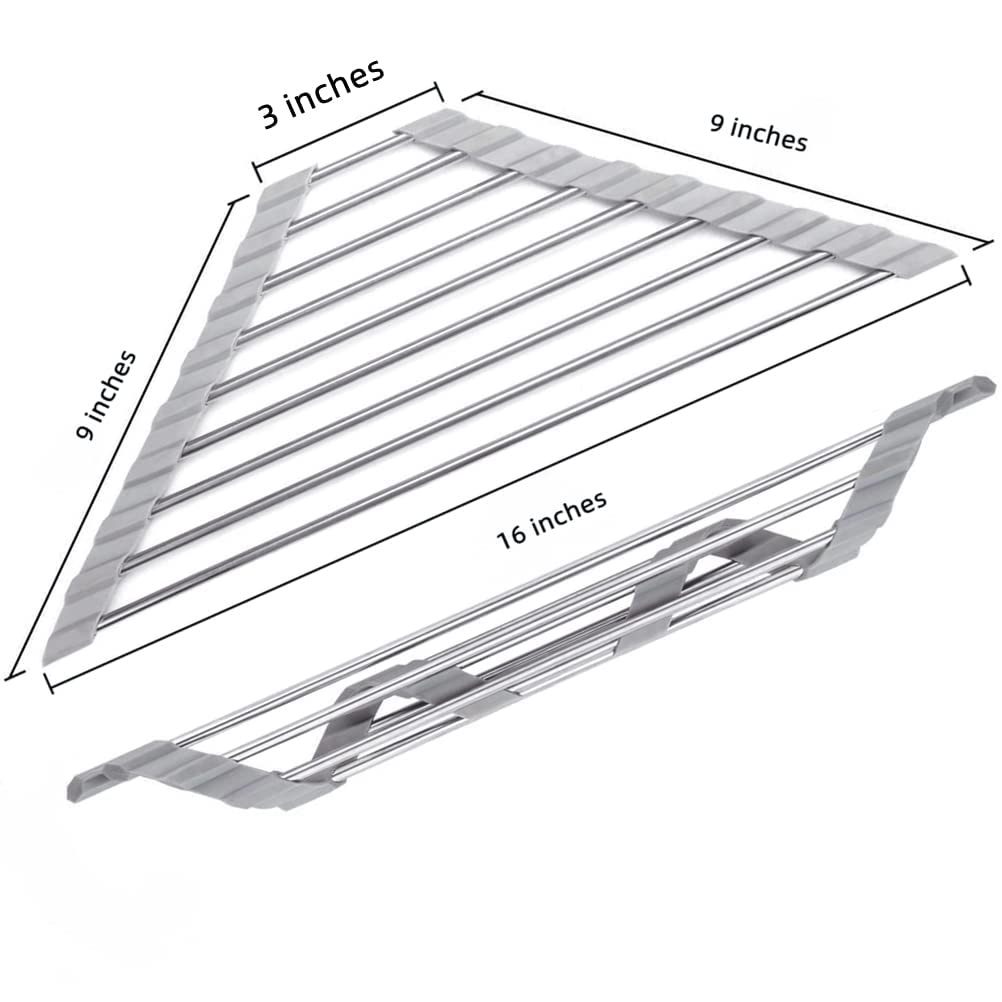 Stainless Steel Triangle Dish Drying Rack for Kitchen Sink Corner - Space Saving Roll Up Drainer Mat for Dishes, Utensils & Sponges - Perfect for Small Kitchens, Apartments & RV Use (Grey)