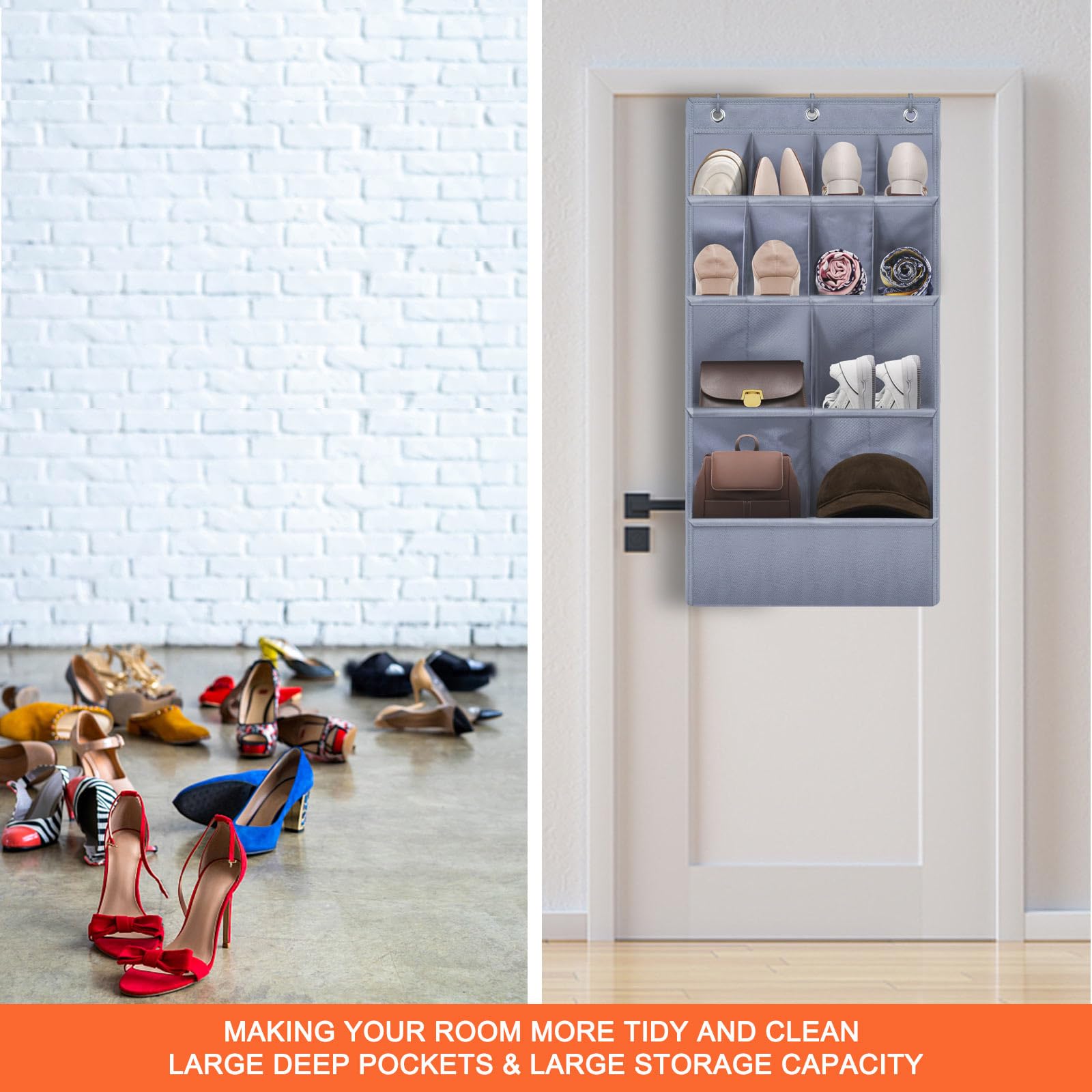 Over the Door Shoe Organizer with 11 Deep Pockets - Space Saving Closet Storage for Shoes, Accessories & Small Items - Perfect for Dorms, Apartments & Narrow Doors (Grey, 1 Pack) - Ideal for Bedroom, Bathroom & Entryway Organization
