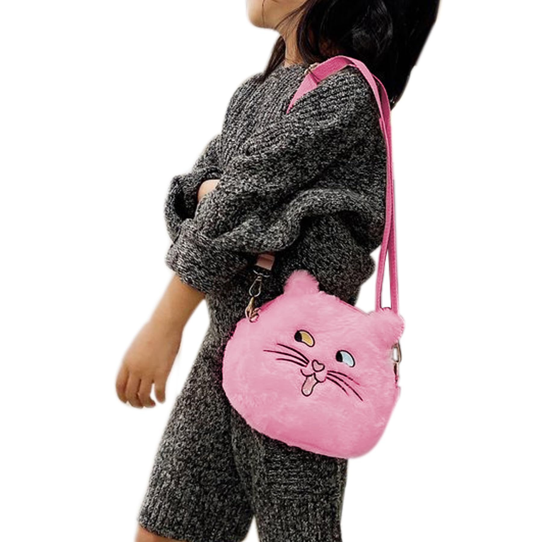 Adorable Pink Fluffy Cat Crossbody Bag for Women - Kawaii Plush Shoulder Purse, Small Animal Messenger Satchel - Perfect for Casual Outings, Cosplay & Gifts