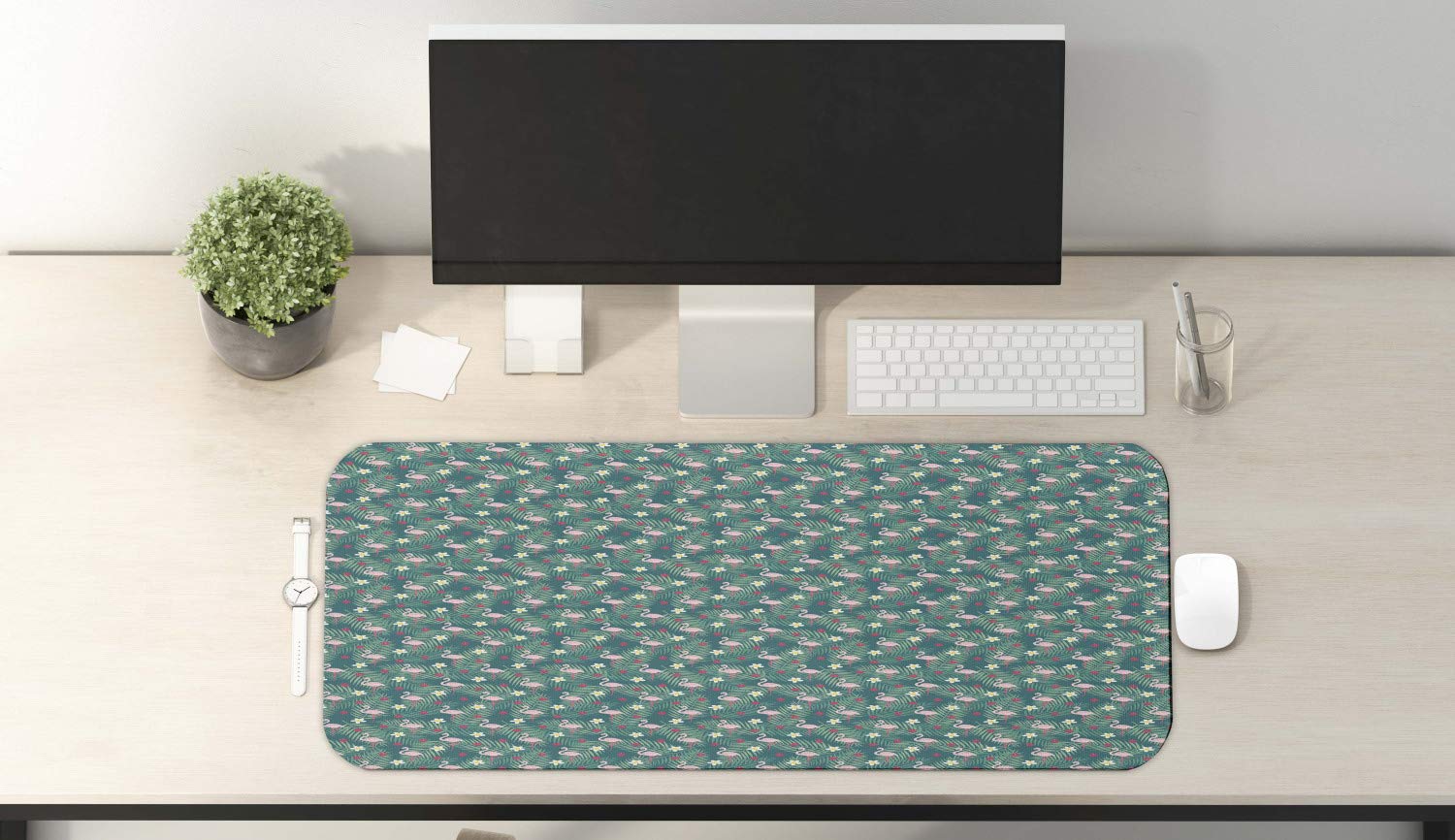 Ambesonne Flamingo Mouse Pad with Tropical Plants & Hibiscus Design - Non-Slip Rubber Gaming Mousepad (31