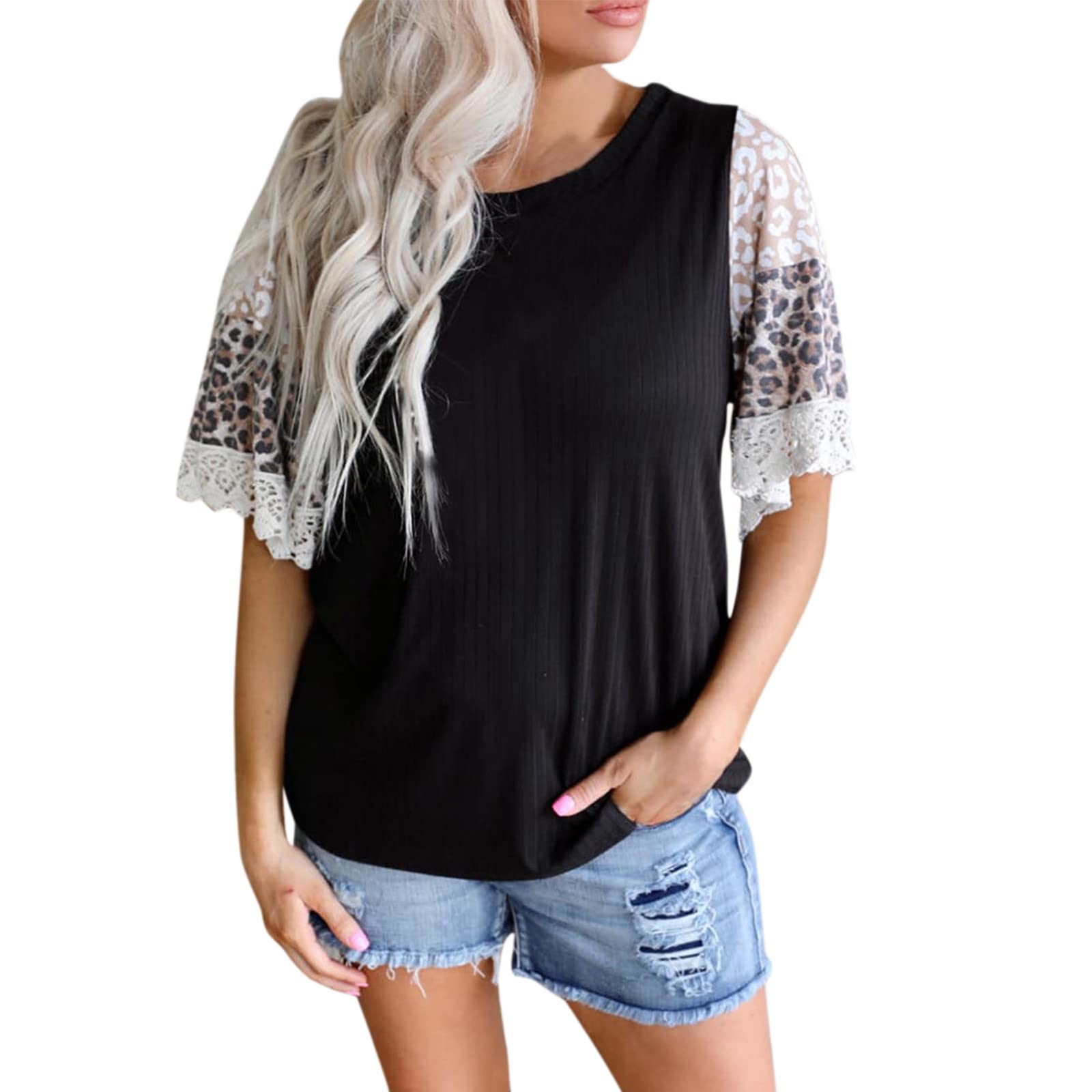 Women's Red Casual Short Sleeve T-Shirt - Leopard Print Colorblock Design with Lace Hem, Crew Neck Summer Top | Perfect for Beach Outings, Date Nights & Casual Wear