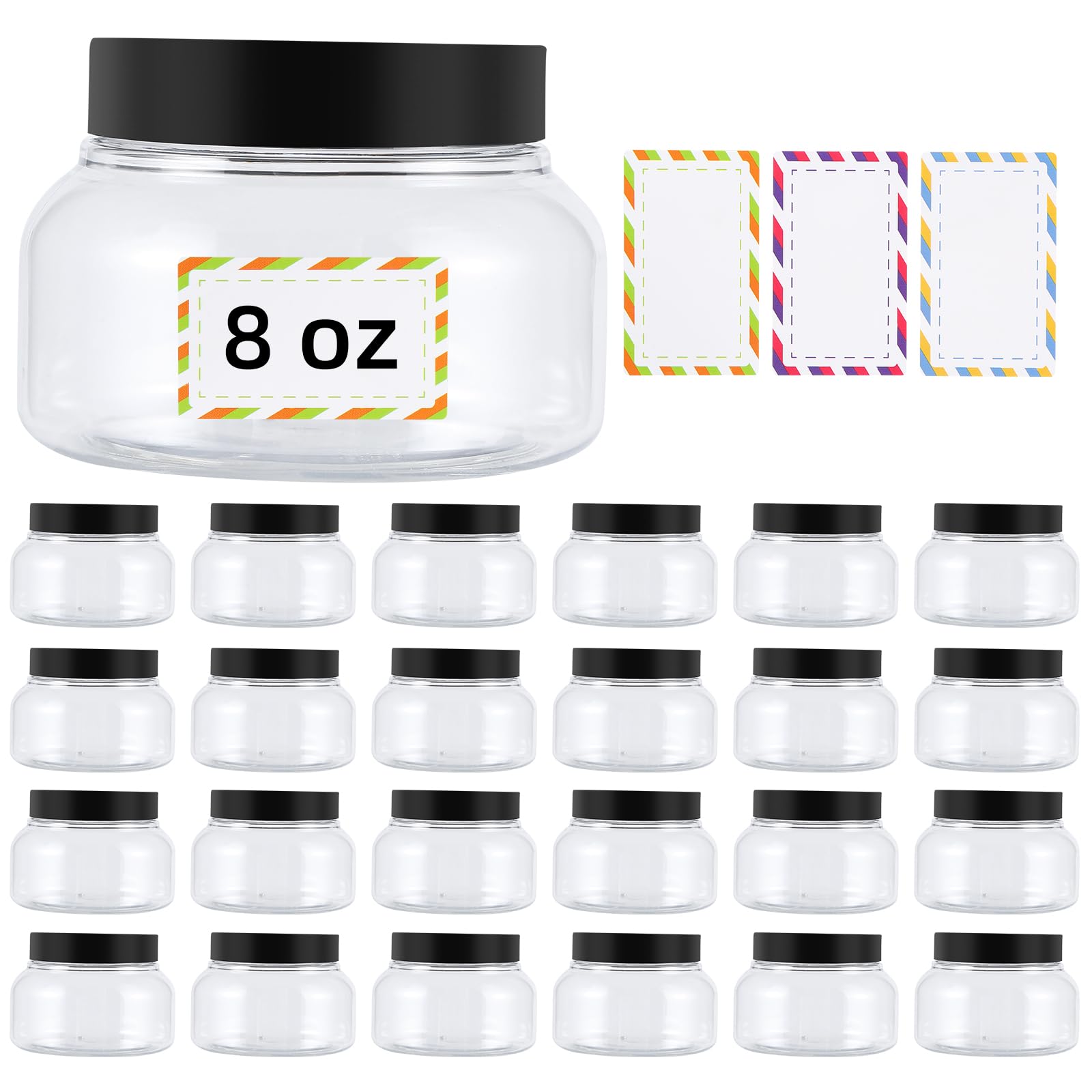 24 Pack 8 Oz BPA-Free Plastic Containers with Lids - Clear Refillable Cosmetic Jars for Body Butter, Sugar Scrubs, Creams & Lotions | Waterproof Labels | Perfect for DIY Beauty Products, Bath Salts & Candy Storage