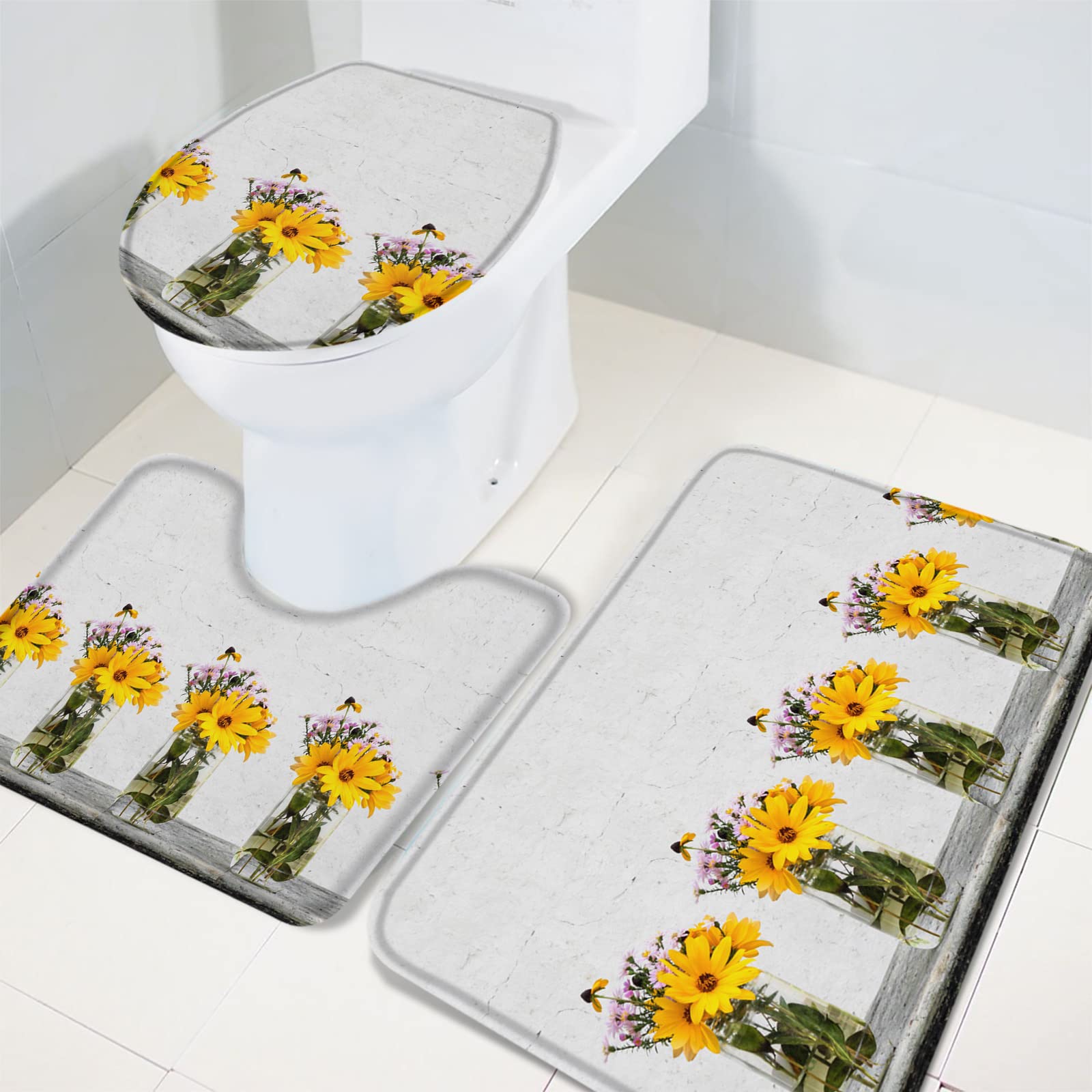 3-Piece Ultra Soft Non-Slip Bathroom Rug Set - Super Absorbent Washable Bath Mat with Yellow & Pink Daisy Design for Toilet, Shower, and Vanity Areas