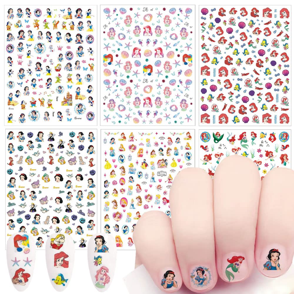 6 Sheets Cute Cartoon 3D Self-Adhesive Nail Art Stickers - Mermaid & Princess Nail Decals for Women & Girls - DIY Nail Art Supplies for Parties, Weddings, and Daily Nail Decoration