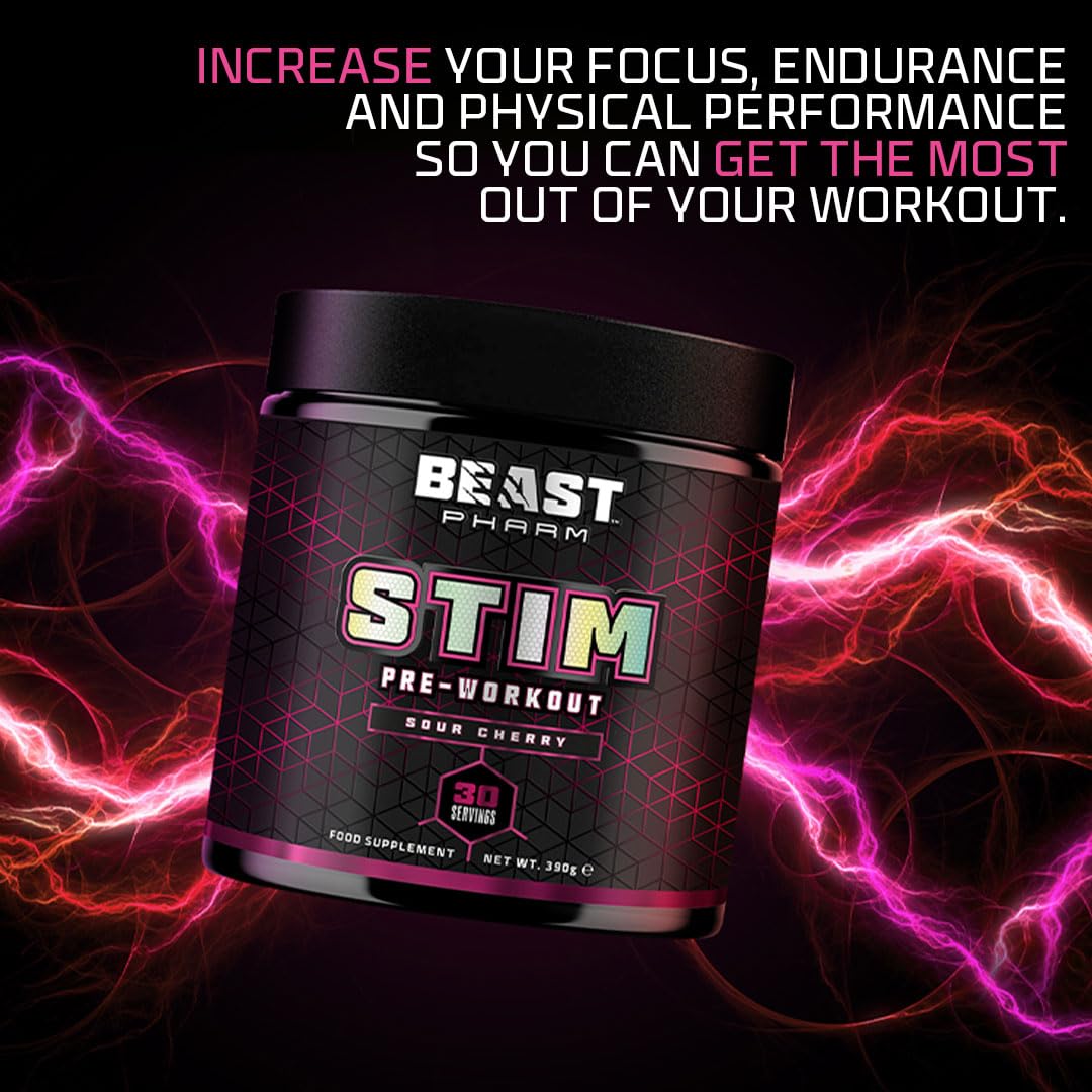 Beast Pharm STIM Pre Workout Powder 390g - Sour Cherry Flavor | Energy & Focus Booster for Gym, Fitness & Bodybuilding | Pre-Workout Supplement for Men & Women