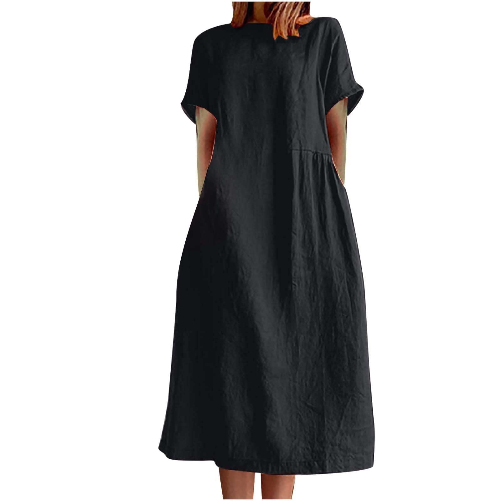 Women's Casual Cotton Linen T-Shirt Dress with Pockets - Drop Shoulder Short Sleeve Crewneck Midi Babydoll Dress for Summer | Perfect for Beach, Vacation & Everyday Wear