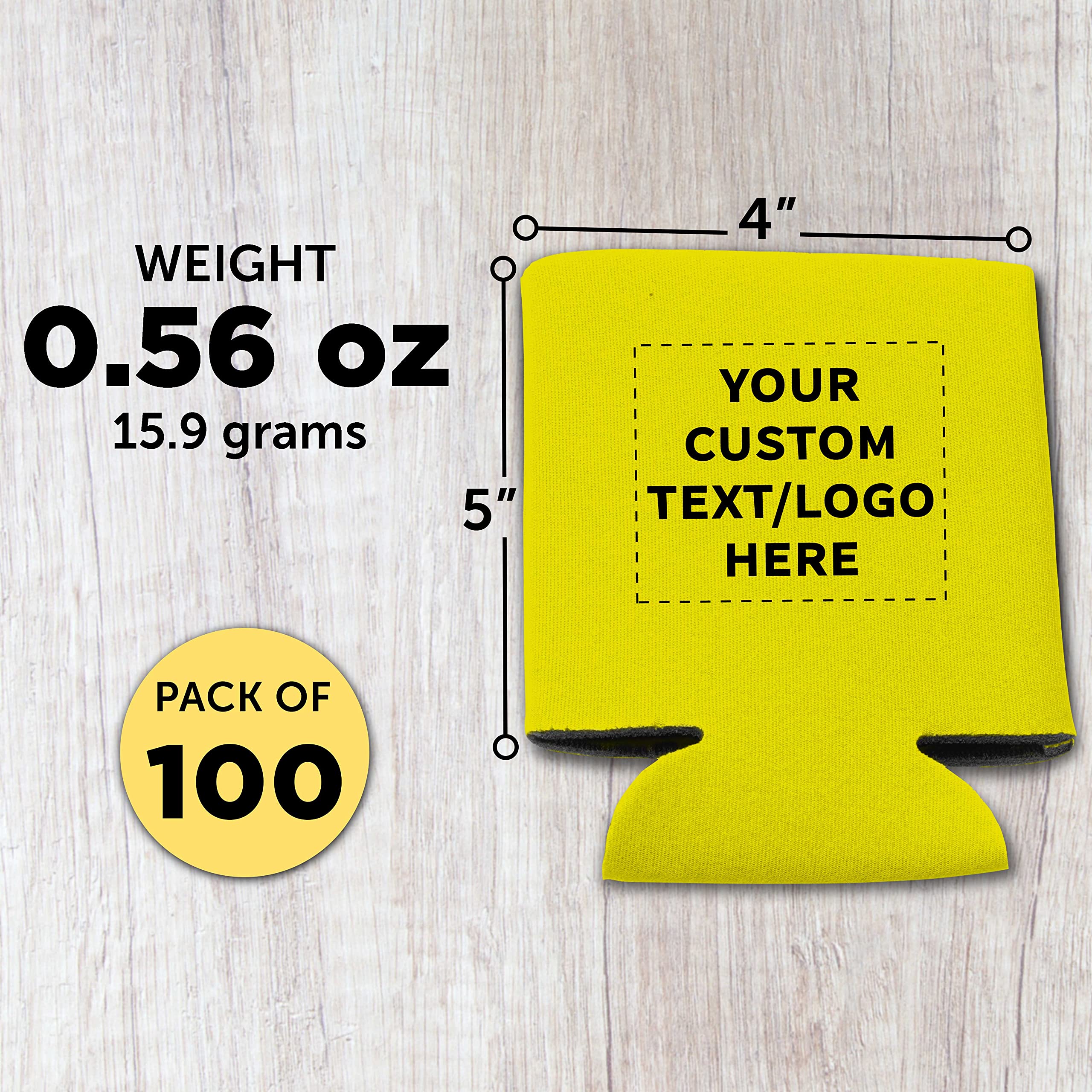 Custom Collapsible Beer Can Coolers 4mm - Bulk Pack of 100 Personalized Insulated Sleeves for Beer, Soda & Beverages - Yellow | Perfect for Parties, BBQs, Tailgating & Outdoor Events