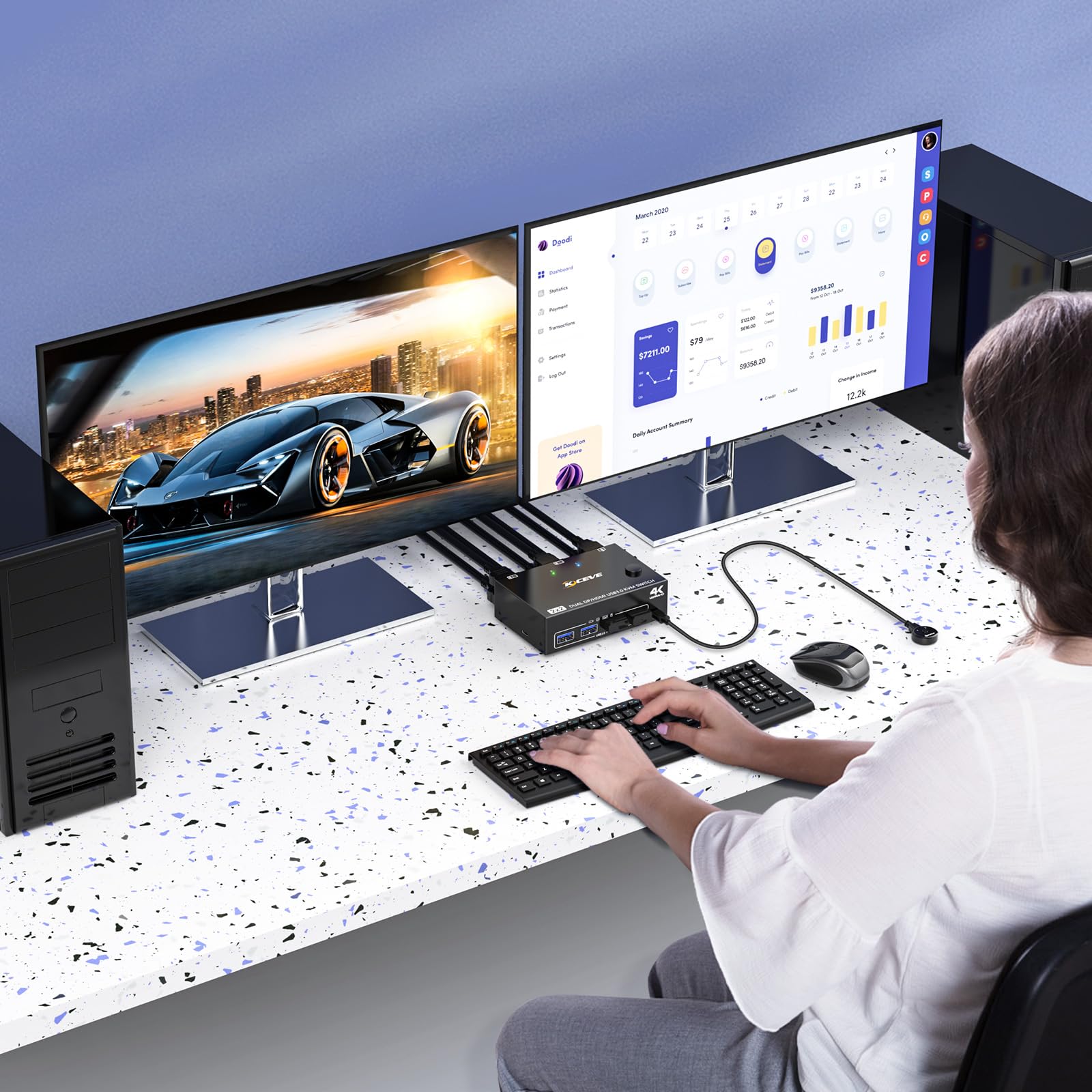 MLEEDA USB 3.0 Dual Monitor KVM Switch - 4K@60Hz HDMI & DisplayPort, 2K@120Hz, 2 Computers Control 2 Monitors with 4 USB 3.0 Ports - Includes Wired Remote & 4 Cables for Home Office, Gaming & Multi-Tasking Workstations