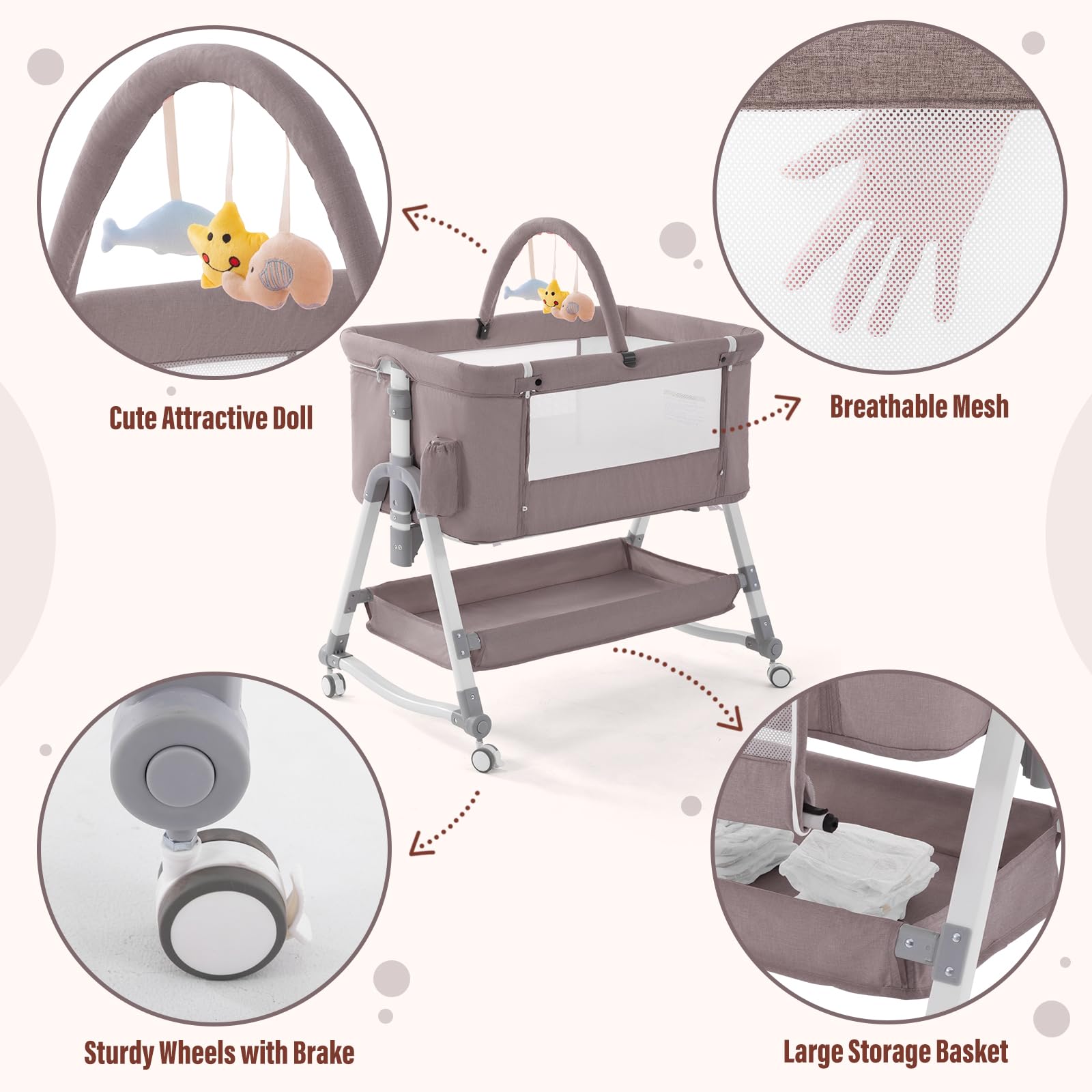 Jaoul 4-in-1 Adjustable Baby Bassinet Bedside Sleeper & Portable Crib with Comfortable Mattress, Mosquito Net & Storage - Ideal for Newborns & Infants - Perfect for Nursery, Bedroom & Travel (Khaki)