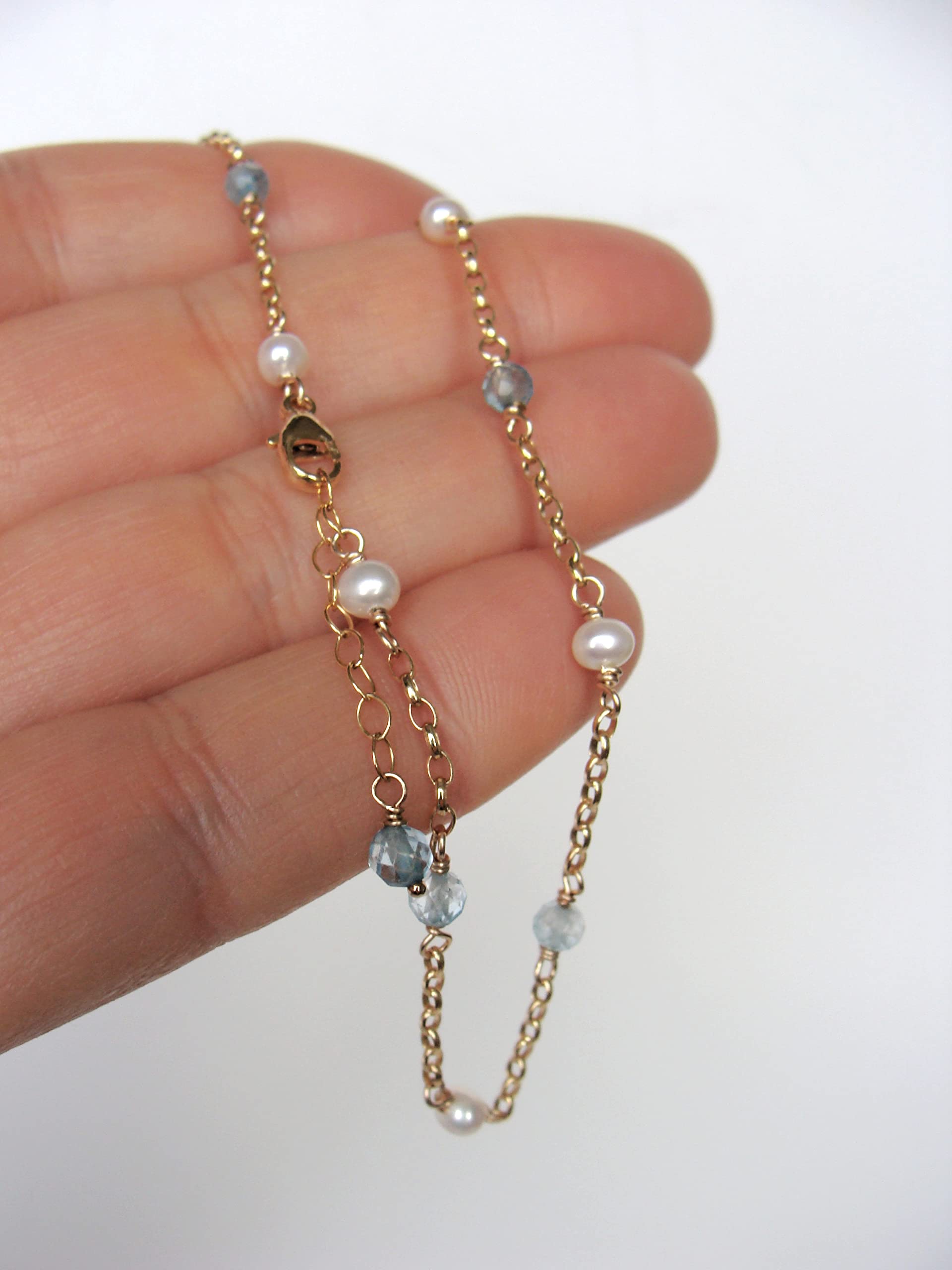 Gold Blue Topaz Pearl Anklet - Adjustable Gold-Filled Handmade Jewelry with Genuine Gemstones | Perfect for Weddings, Beach Vacations & Boho Fashion