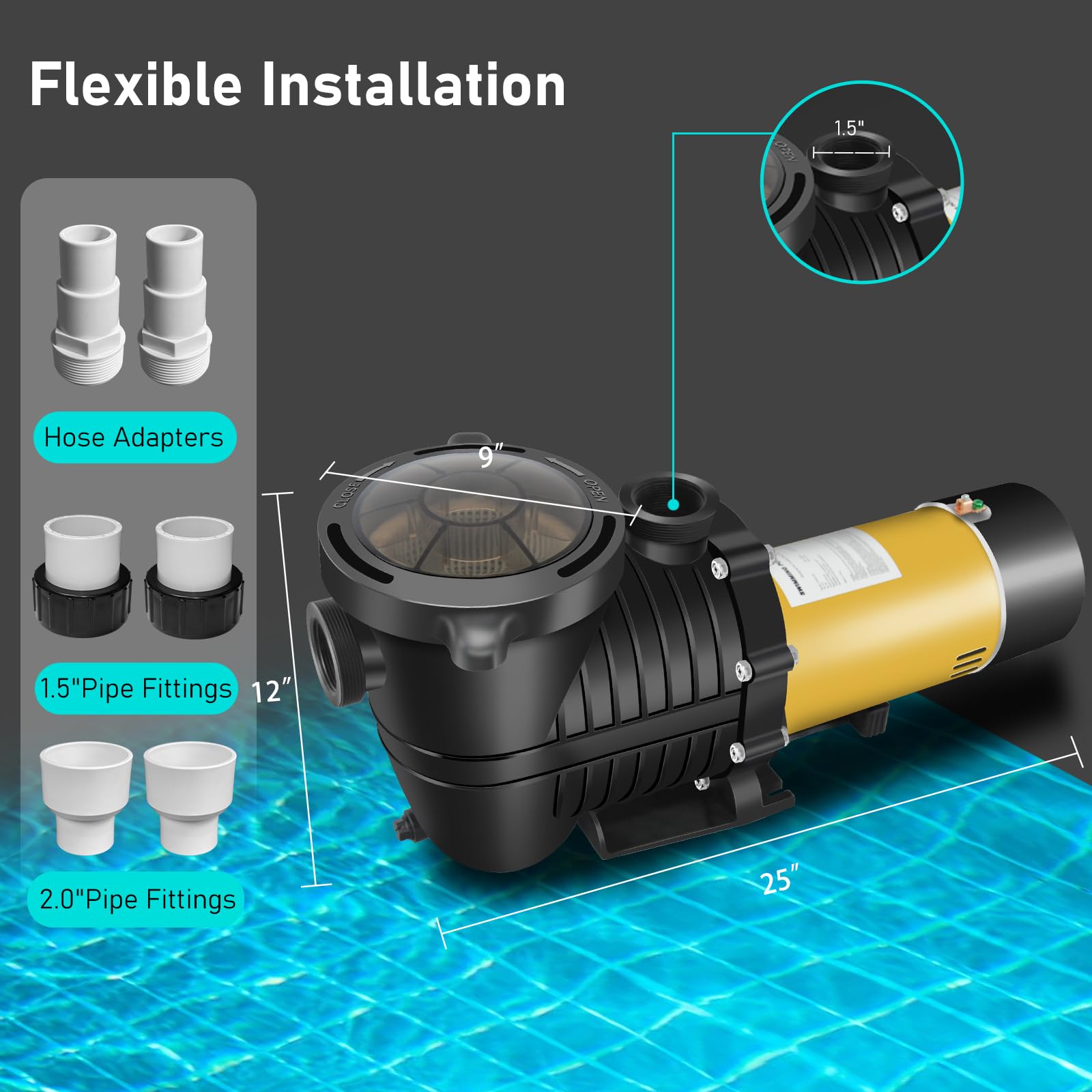 PureBy 1.5HP Energy Efficient Dual Speed Pool Pump - Inground/Above Ground Swimming Pool Circulation System with 1.25'' & 1.5'' NPT Unions (230V) - Perfect for Backyard Pool Maintenance, Water Filtration & Summer Swimming