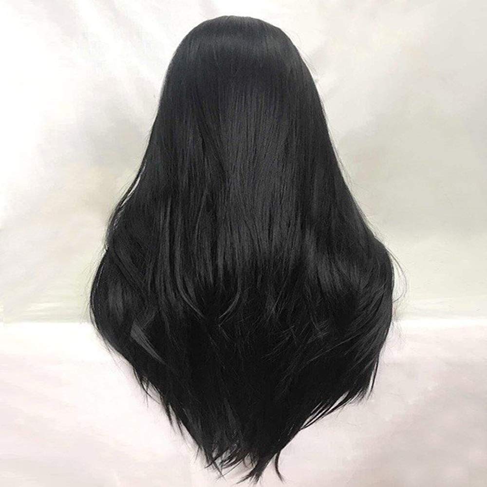 Hand-Woven European & American Fashion Lace Front Wig - Black Straight Human Hair with Long Length & Side Bangs for Women | Perfect for Cosplay, Daily Wear, and Special Occasions