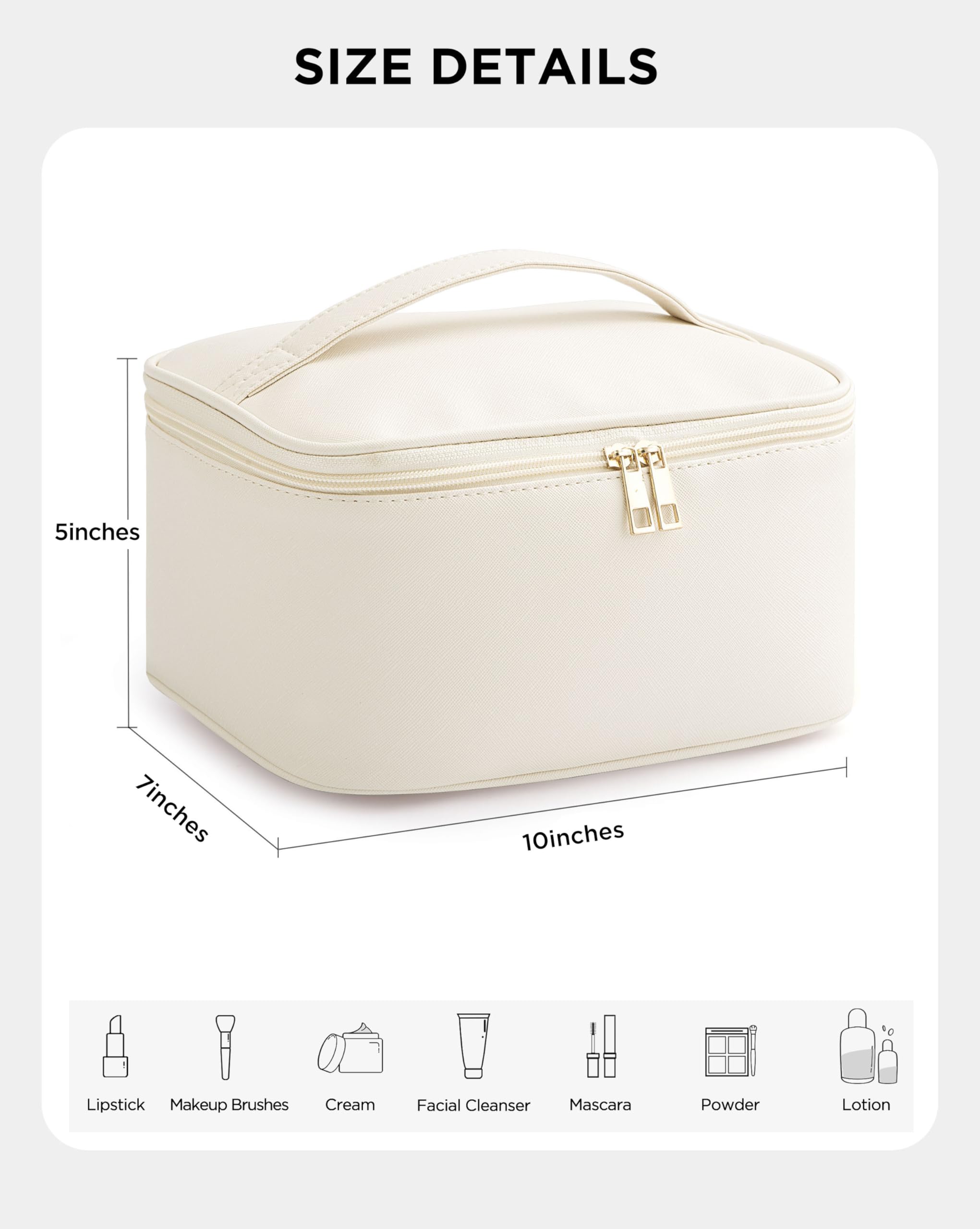 Large Waterproof Leather Makeup Bag for Women - Travel Cosmetic Organizer with Removable Dividers, Portable Toiletry Case, Cute Beige Cosmetic Pouch | Perfect for Travel, Gym, and Everyday Use