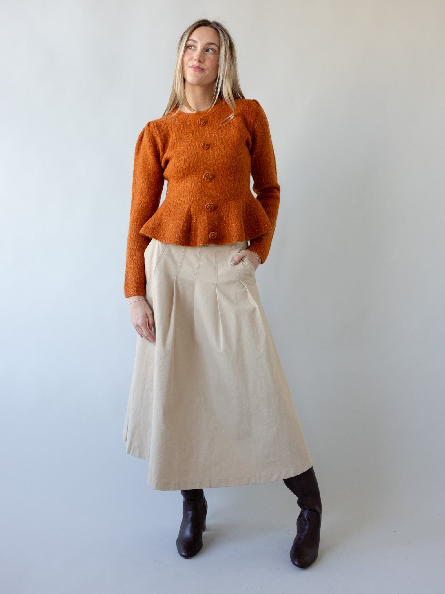 Agatha Khaki Midi Skirt for Women - High Waisted A-Line Pleated Skirt | Casual & Office Wear | Perfect for Spring & Summer Outfits