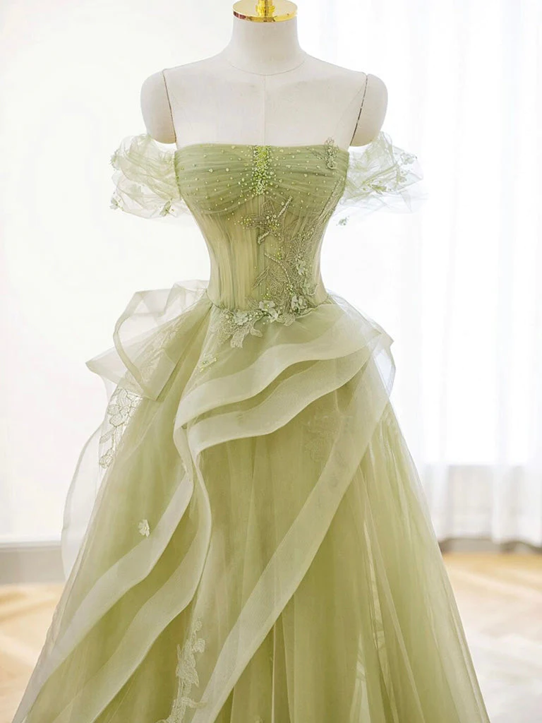 Elegant A-Line Off Shoulder Green Tulle Long Prom Dress 2406 - Perfect for Homecoming, Formal Dances & Special Occasions