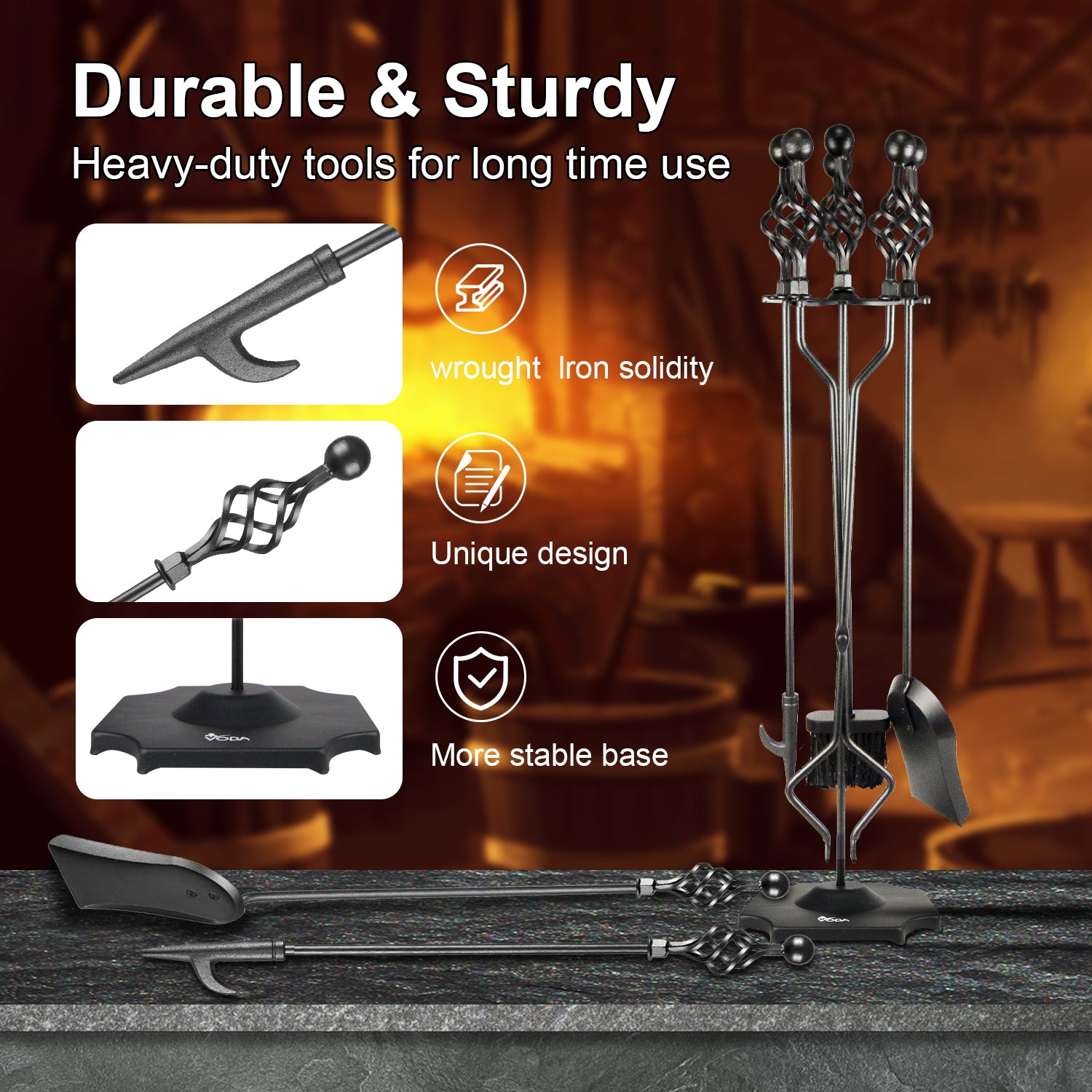 VODA 5-Piece Fireplace Tool Set - Heavy Duty Outdoor Fireplace Accessories with Large Fire Poker, Shovel, Brush & Stand - Perfect for Fire Pits, Campfires & Indoor Fireplaces