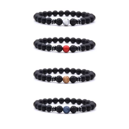 Natural Lava Rock Beads Bracelet Set - 4 Piece Stretch Elastic Adjustable Braided Rope Gemstone Bracelets for Men & Women - Perfect for Yoga, Meditation, and Spiritual Healing