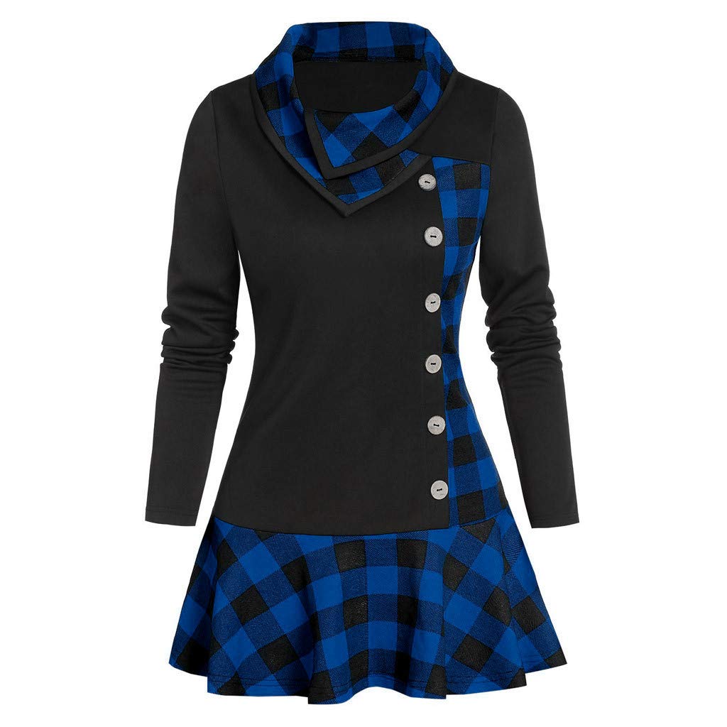 Plus Size Women's Summer T-Shirts - Stylish Button Cowl Neck Long Sleeve Patchwork Plaid Print Tops for Casual Wear & Office Outfits | Perfect for Everyday Comfort & Fashionable Looks