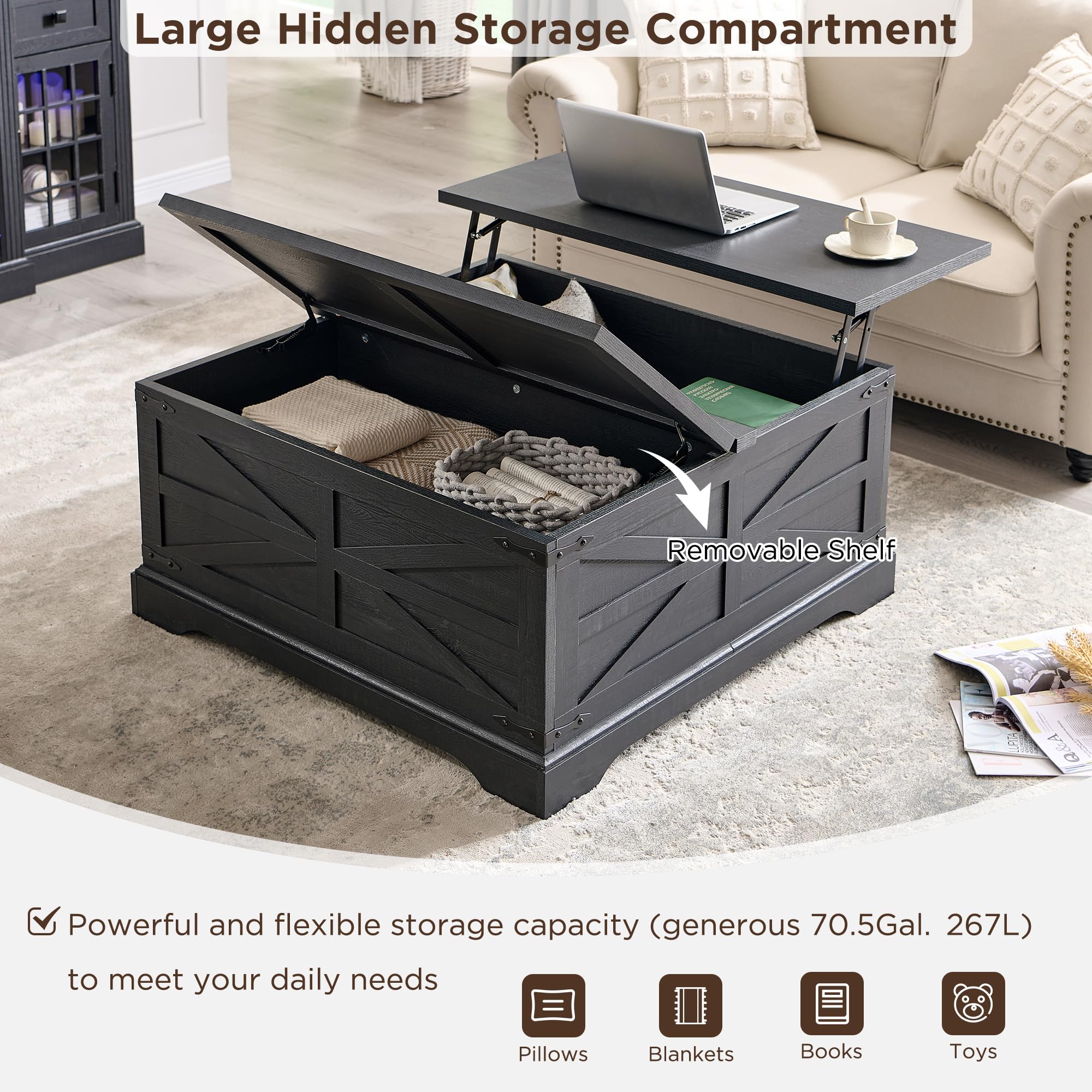 Farmhouse Lift Top Coffee Table with Storage - 36