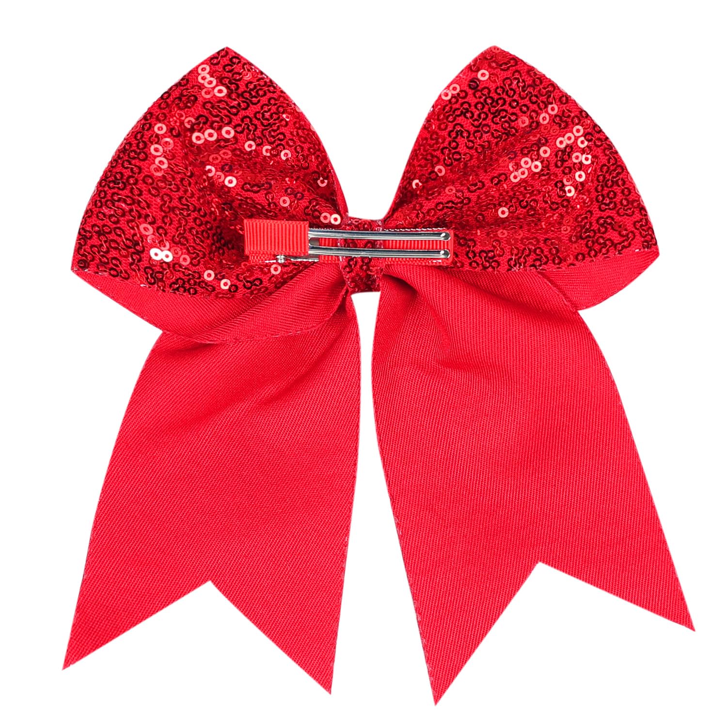 7 Inch Large Jumbo Glitter Cheer Bow Clip - Sequin Hair Bow with Tails for Girls & Teens - Perfect for Softball, Cheerleading Outfits & Uniforms (Red) - Great for Competitions, Games & School Spirit Events