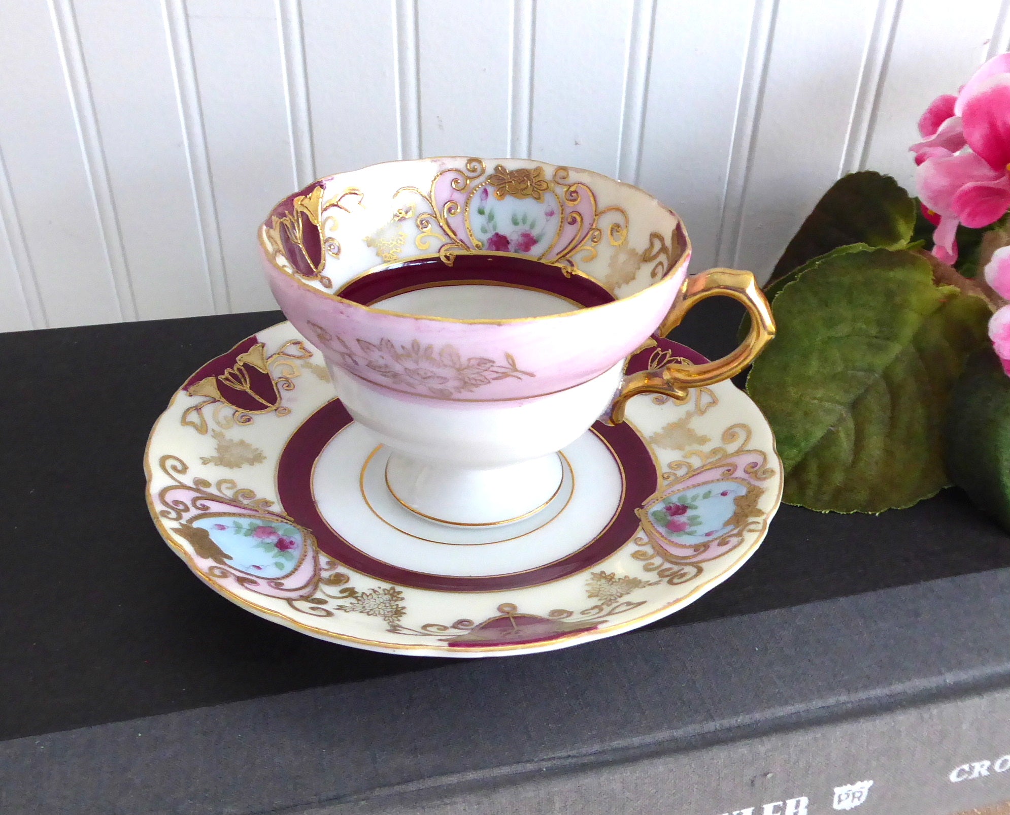 Vintage 1950s Japanese Hand-Painted Cup and Saucer Set - Maroon, Pink & Gold Heart Bouquet Design | Elegant Tea Time, Collectible Tableware, Gift for Tea Lovers