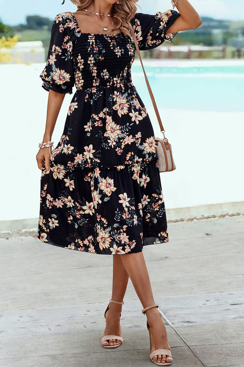 PRETTYGARDEN Women's Summer Casual Dress 2025 - Puff Sleeve Square Neck A-Line Flowy Boho Floral Smocked Midi Dress for Spring/Summer, Beach Vacation, Date Night & Outdoor Parties