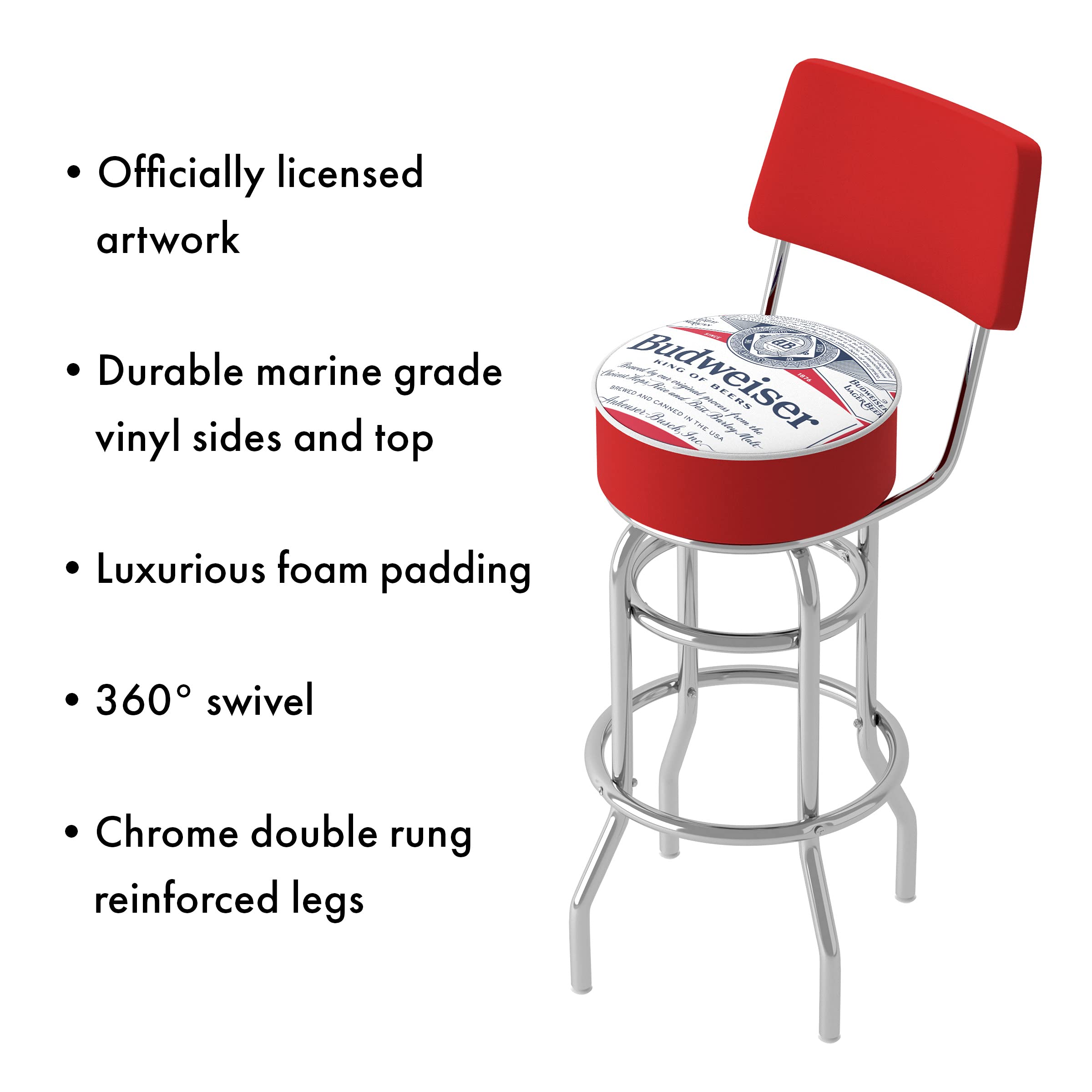 Budweiser Chrome Padded Swivel Bar Stool - Adjustable Height Barstool for Game Room, Man Cave & Home Bar - Comfortable Pub Stool with 360° Rotation