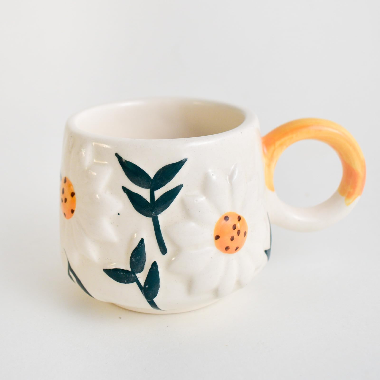 QSHI Handmade Ceramic Coffee Mug - 250ml Sunflower Design, Microwave & Dishwasher Safe - Perfect for Tea, Milk, Cold Brew & Gifts - Ideal for Home, Office & Best Friend Presents