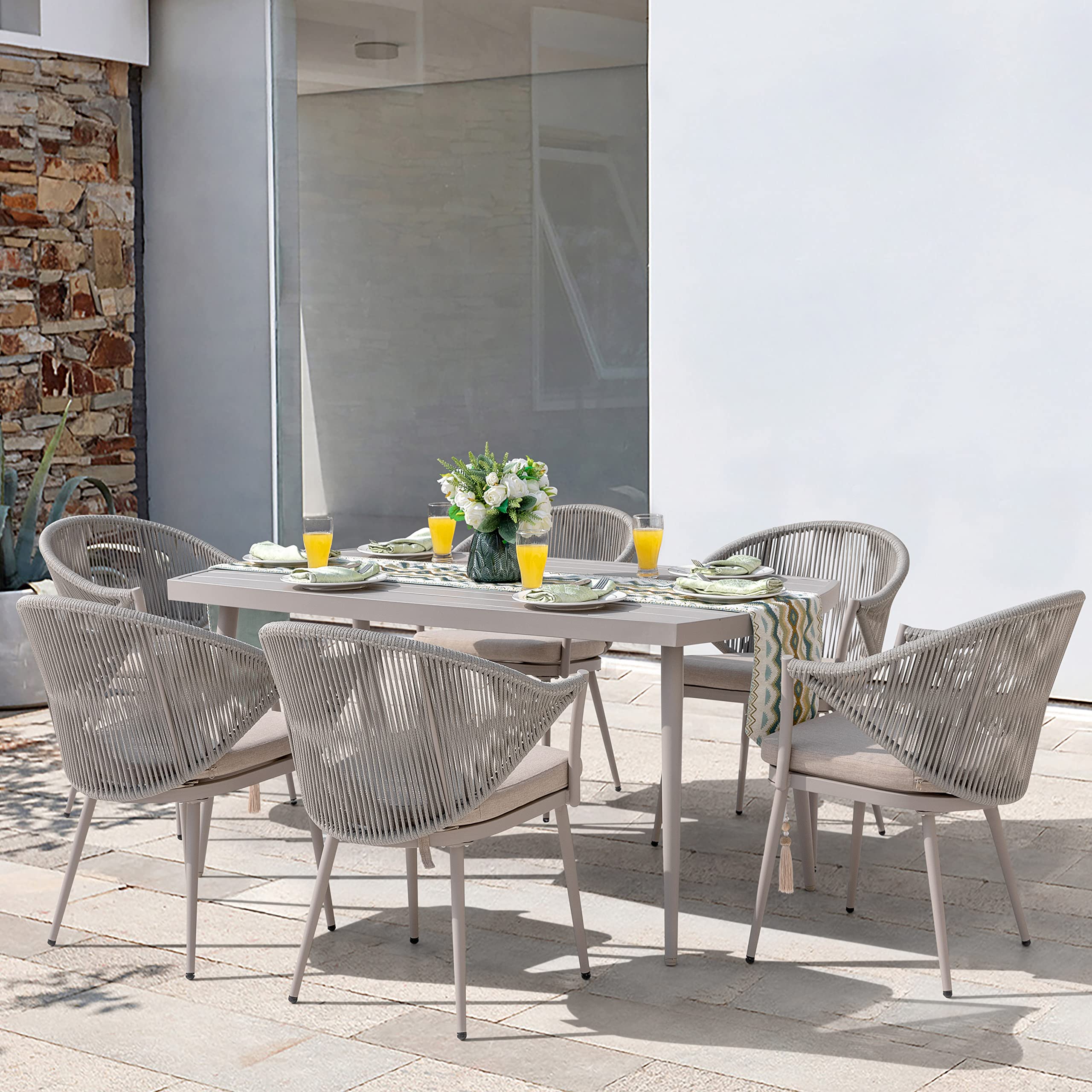 NUU GARDEN Patio Dining Chairs Set of 2 - All-Weather Woven Rope Outdoor Arm Chairs with Cushions - Lightweight Aluminum Frame - Perfect for Garden, Deck, Backyard, Balcony, Lawn & Indoor Use - Beige