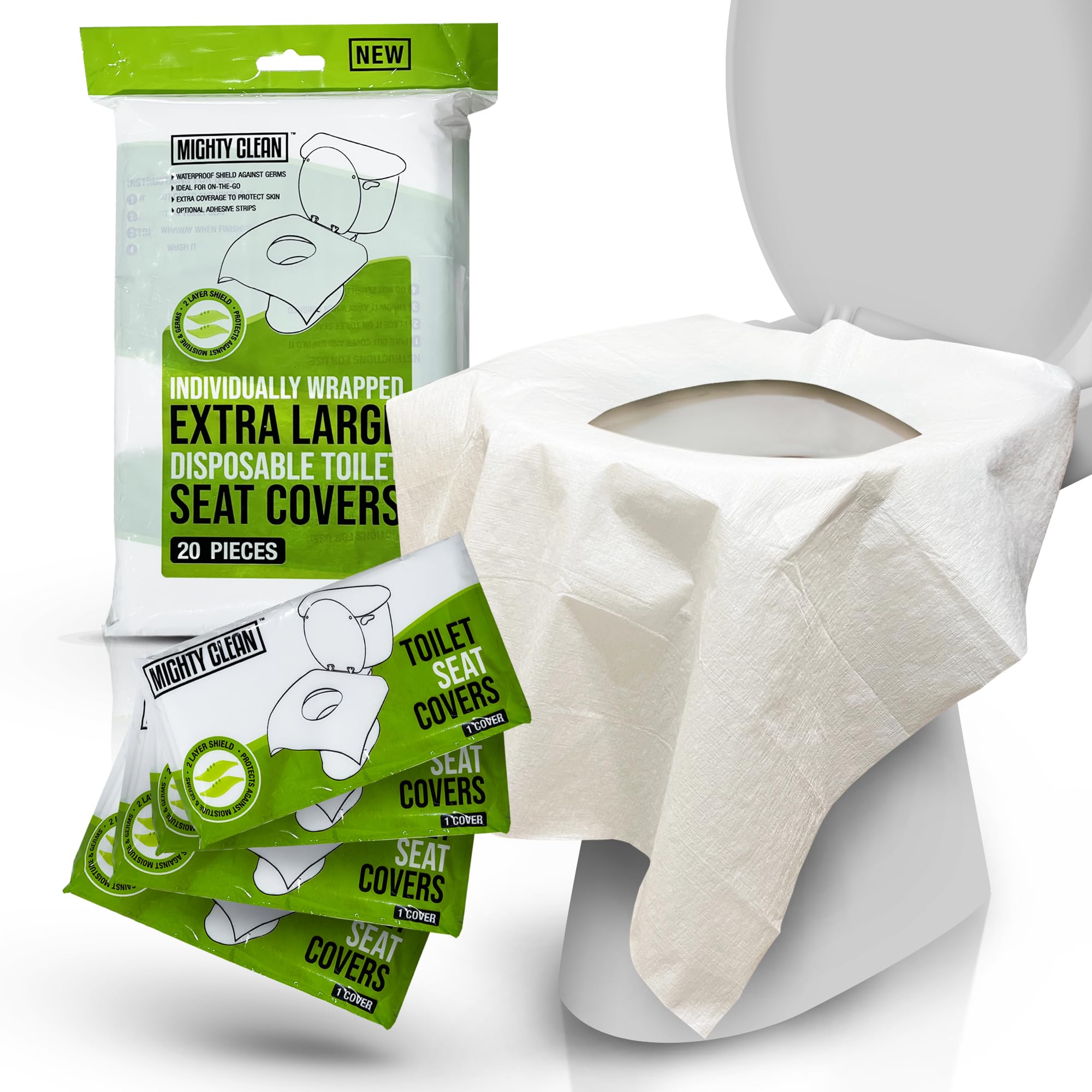 **Mighty Clean XL Disposable Toilet Seat Covers - 100% Waterproof, Individually Wrapped, Extra Wide for Adults & Kids (20 Count) - Perfect for Travel, Public Restrooms & Hygiene Protection**