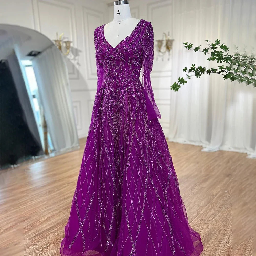 Serene Hill Arabic Turquoise Beaded Evening Gown - A-Line Sweetheart Neckline Long Sleeve Dress for Women | Formal Party, Wedding Guest, Prom, Gala 2025 LA71793