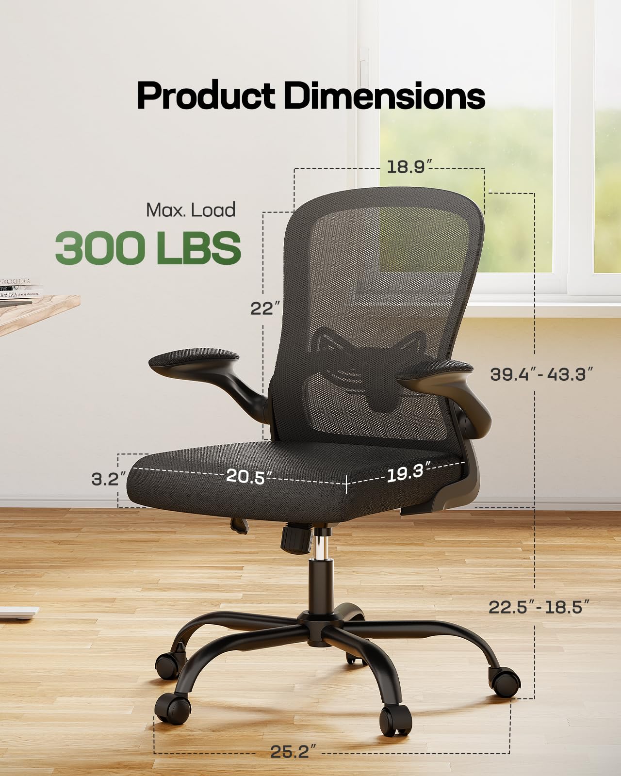 Ergonomic Office Chair with Adjustable Lumbar Support - Mesh Back Computer Desk Chair with Flip-Up Armrests, Swivel Task Chair for Home Office (Black) - Perfect for Long Work Hours, Gaming & Remote Work