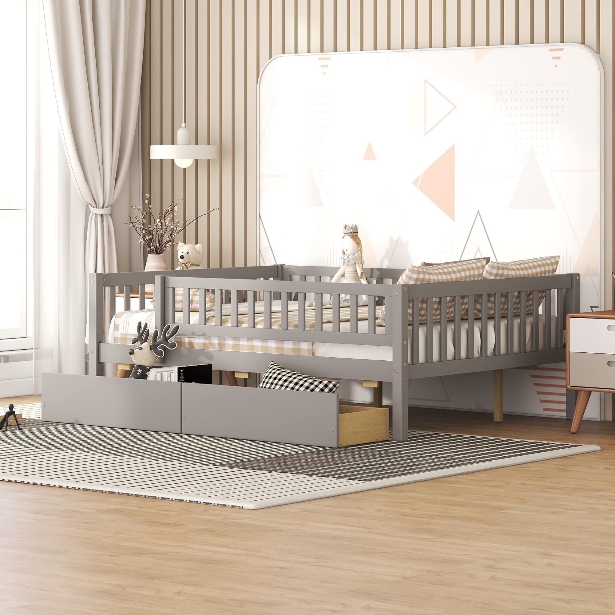 DEINPPA Full Size Wooden Bed Frame with Storage Drawers - Sturdy Slat Support for Kids, Children, Toddlers, Boys & Girls - Grey | Perfect for Small Bedrooms, Guest Rooms & Kids' Rooms