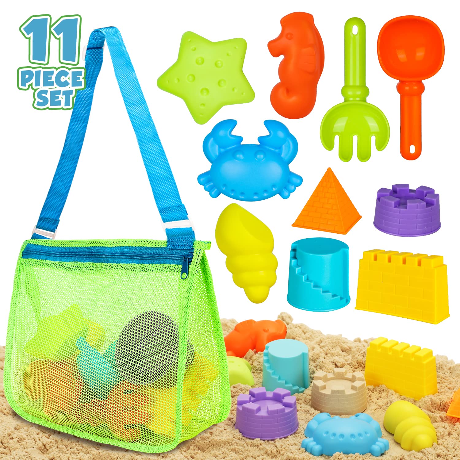 TOY Life Kids Beach Toys Set - Sand Shovel, Rake, Marine Life & Castle Molds with Mesh Bag - Fun Sandbox & Beach Accessories for Toddlers, Boys & Girls | Perfect for Outdoor Play, Summer Vacation & Family Beach Trips
