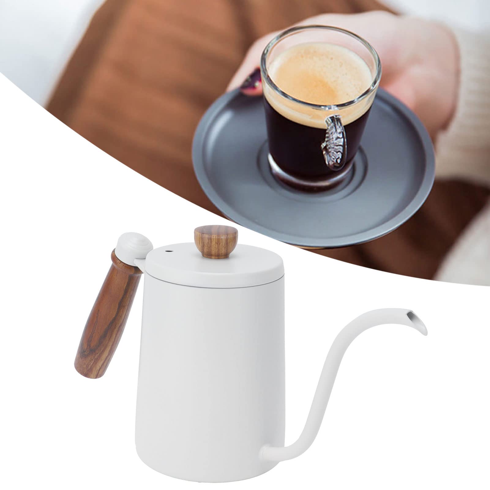 600ML Stainless Steel Coffee Hand Drip Pot with Wooden Handle - 304 Food Grade for Bar, Kitchen & Cafe Use - Perfect for Pour Over Coffee, French Press & Cold Brew (Beige)