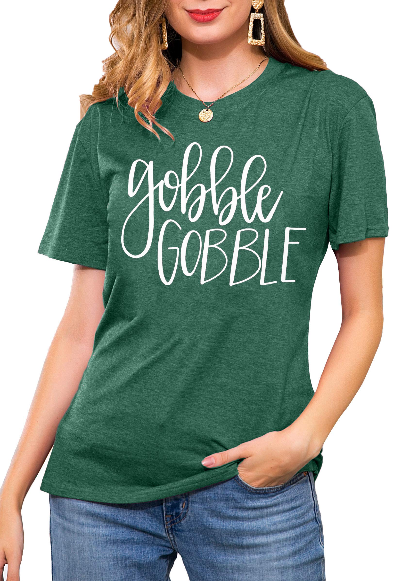 Women's Funny Thanksgiving T-Shirt - Cute 'Gobble Gobble' Graphic Print Short Sleeve Top for Holiday Parties & Family Gatherings