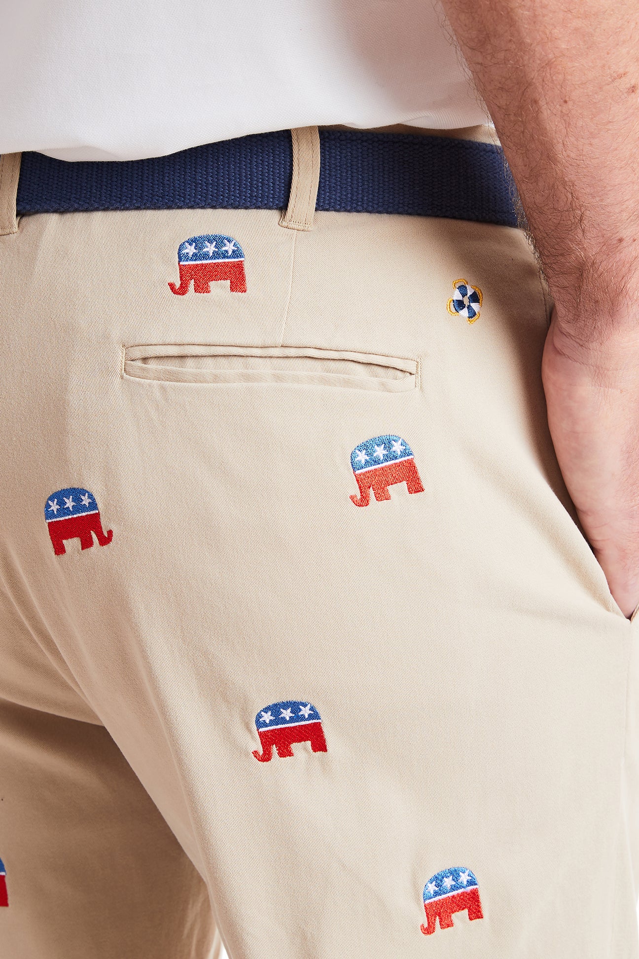 Stretch Twill Khaki Harbor Pants with GOP Elephant Design - Comfortable Casual Wear for Everyday Use & Political Events