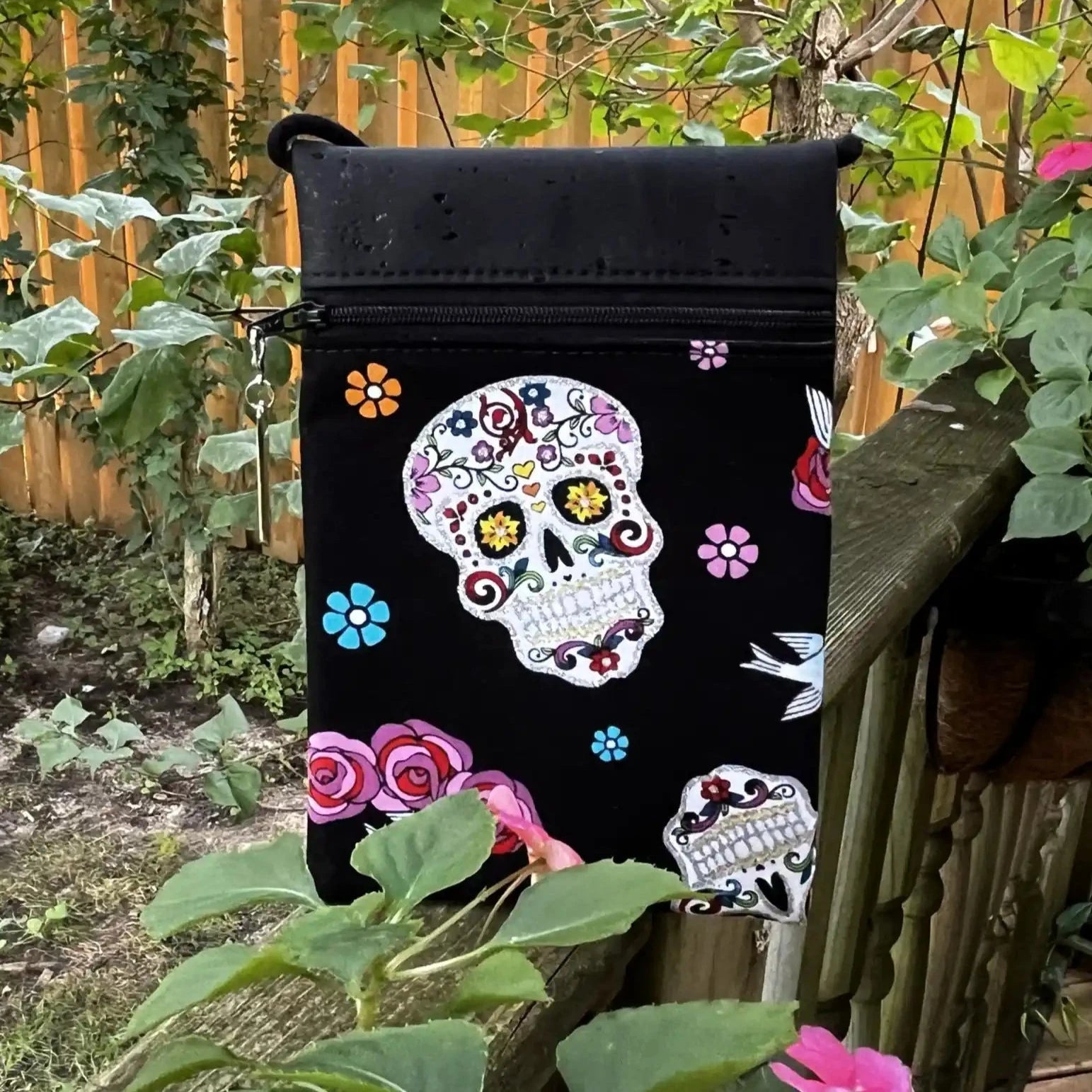 Stella Concert Crossbody Bag - Black Cork with Glitter Skulls Design | Stylish & Trendy Purse for Women | Perfect for Parties, Concerts & Night Out
